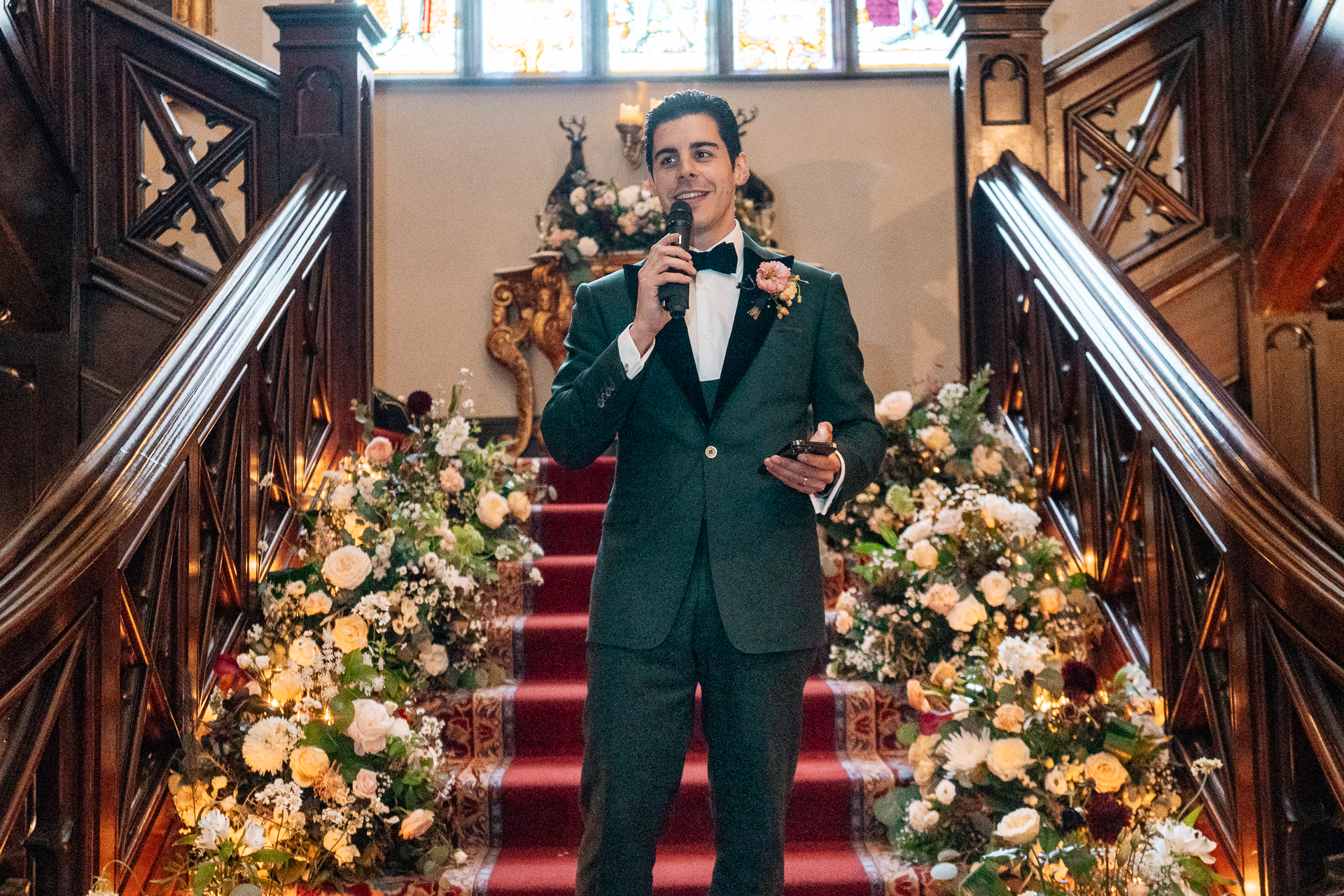 Wedding speeches being delivered on the grand staircase at Markree Castle