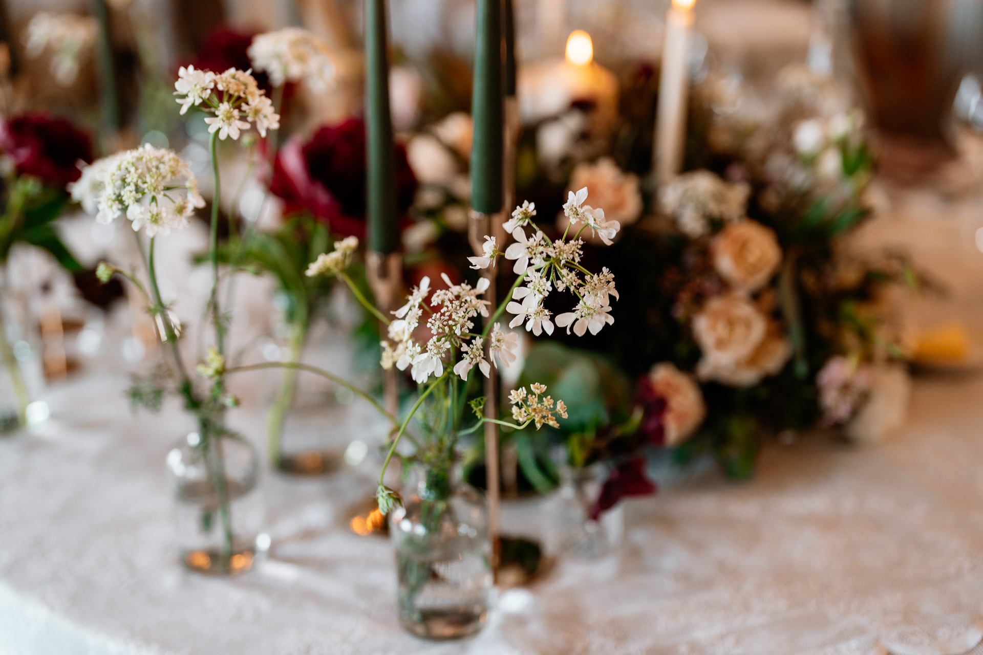 Wedding dining room setup at Markree Castle with long tables and elegant decor