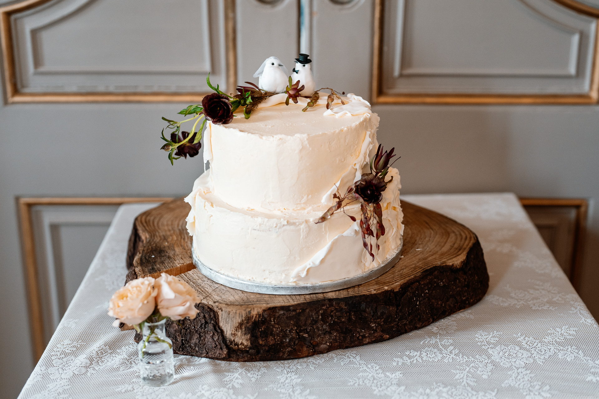Three-tier wedding cake on display at Markree Castle reception