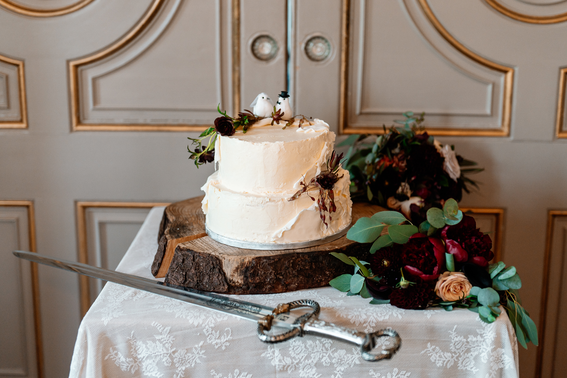Three-tier wedding cake on display at Markree Castle reception