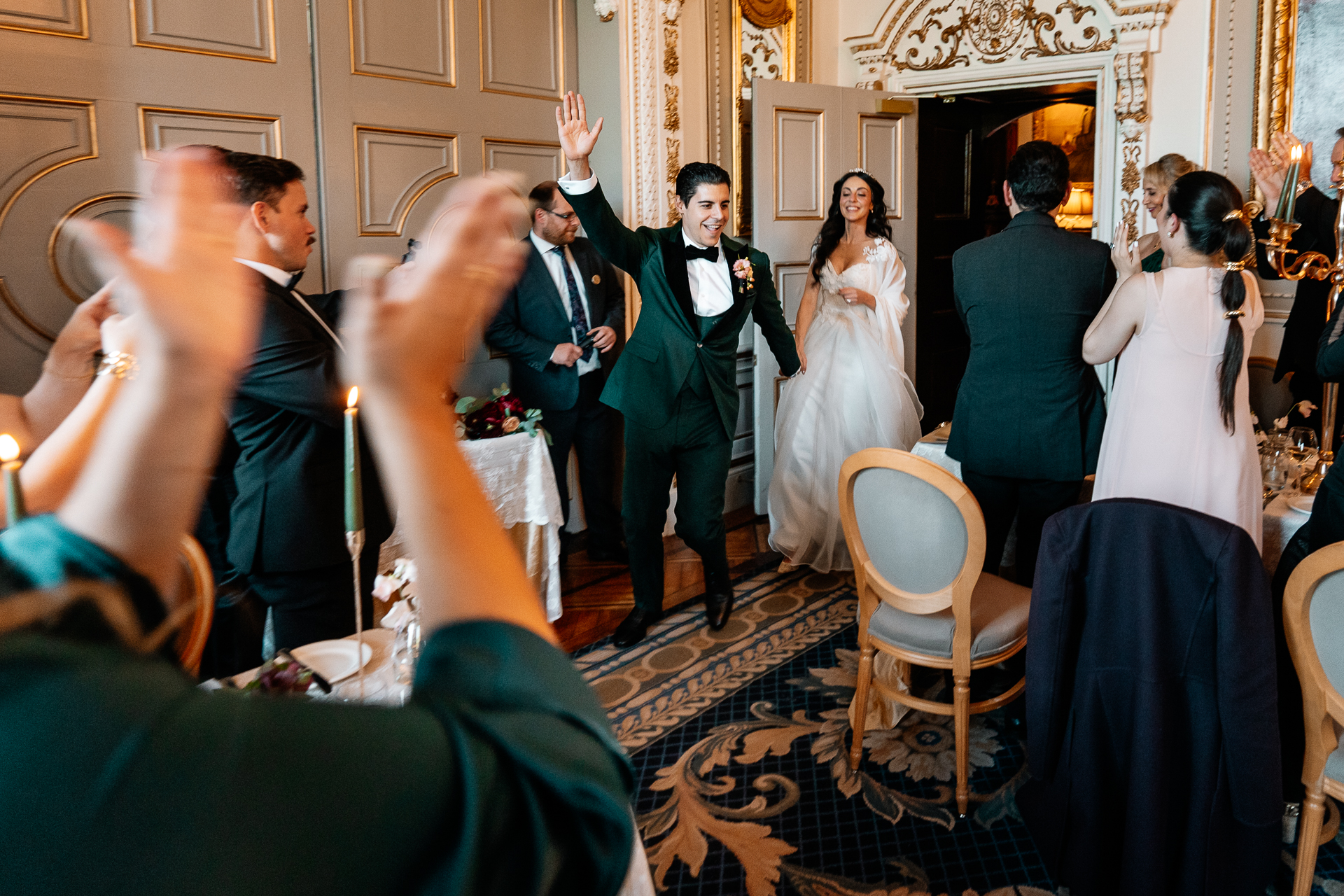 A group of Bride entering the dining room at Markree Castle for the wedding reception dancing