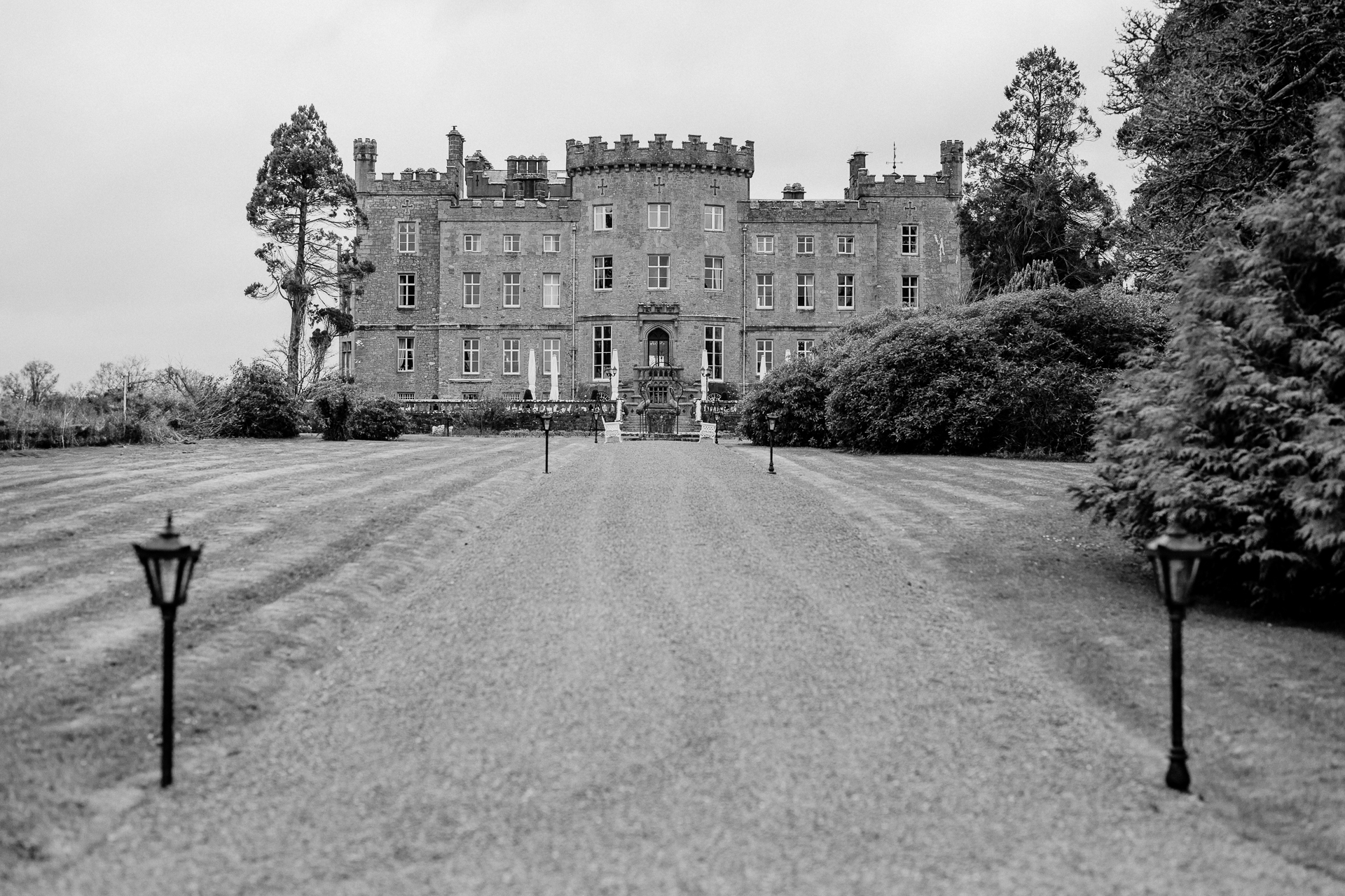 Markree Castle view in black and white – timeless Irish wedding venue

