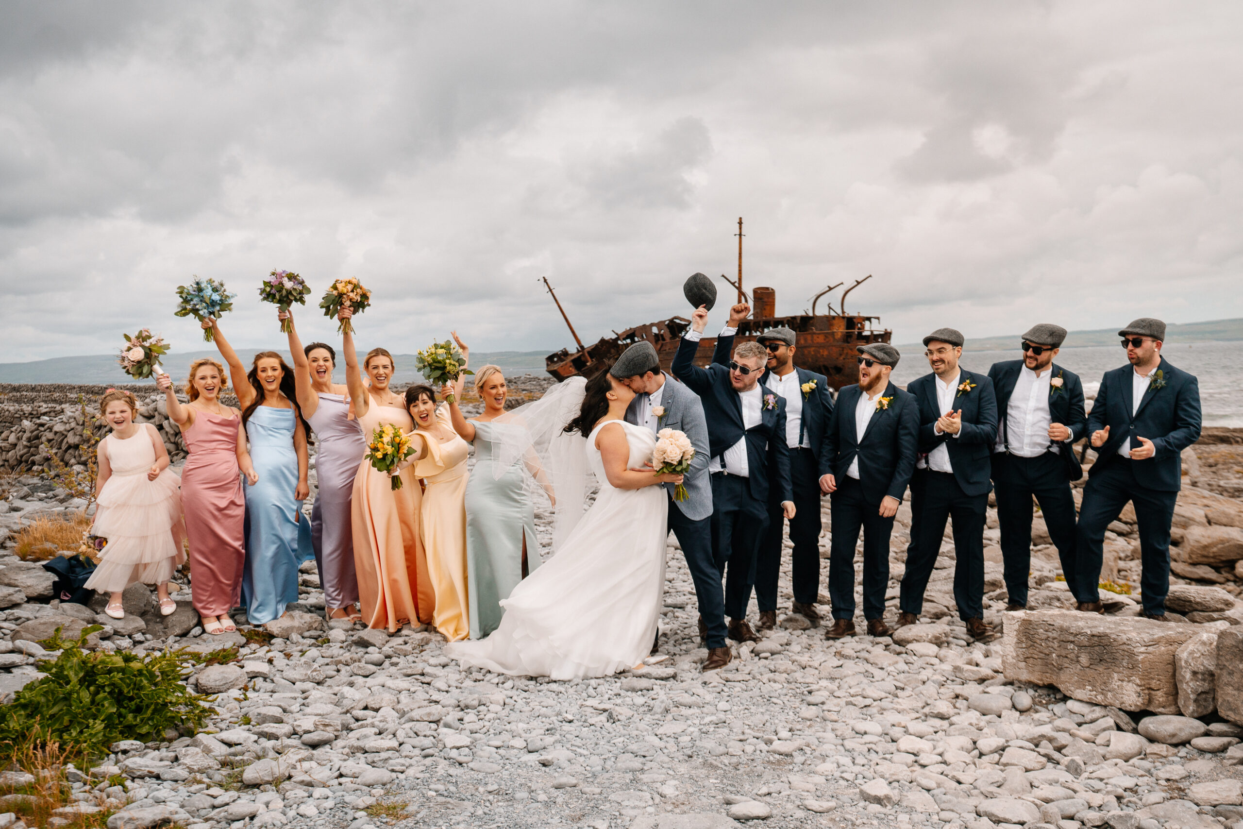 Wedding party portrait on Inisheer with Plassey Shipwreck – Aran Islands wedding