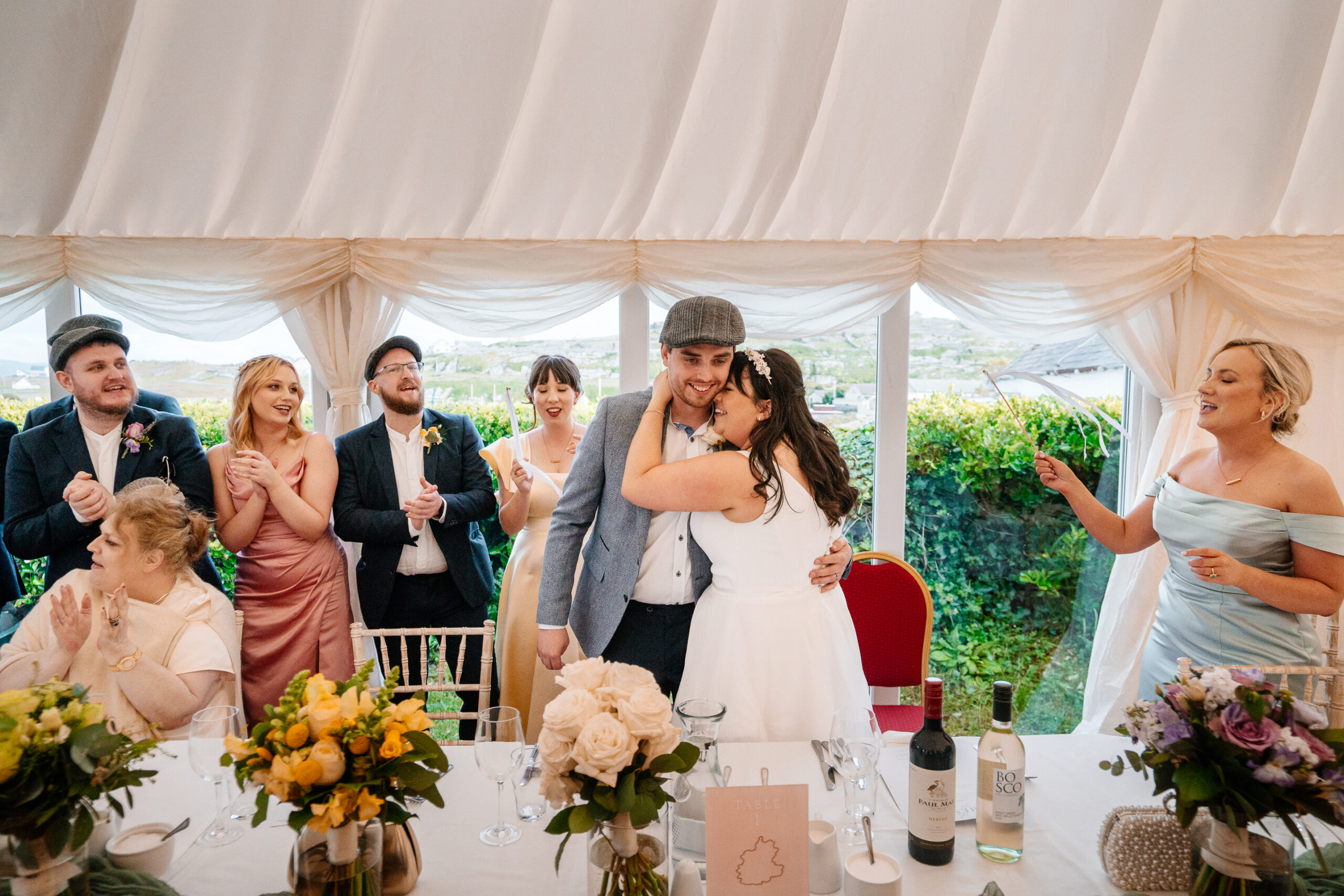 Wedding speeches during marquee reception near Markree Castle with natural light and guests’ reactions