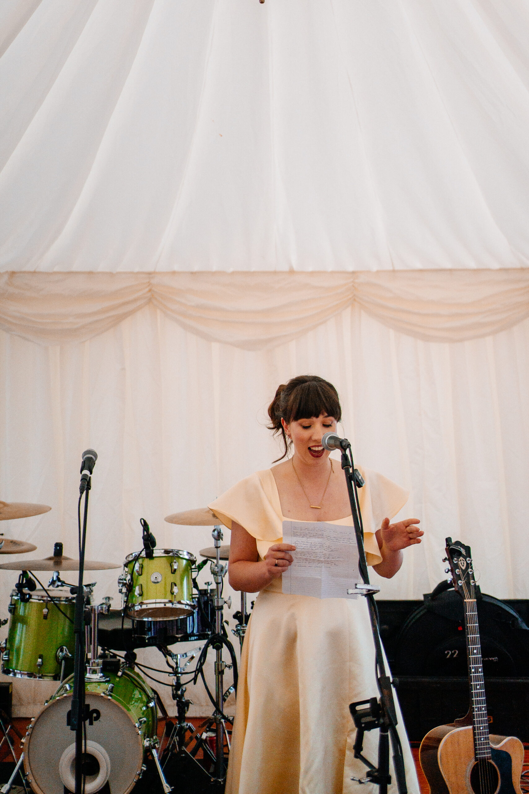 Wedding speeches during marquee reception near Markree Castle with natural light and guests’ reactions