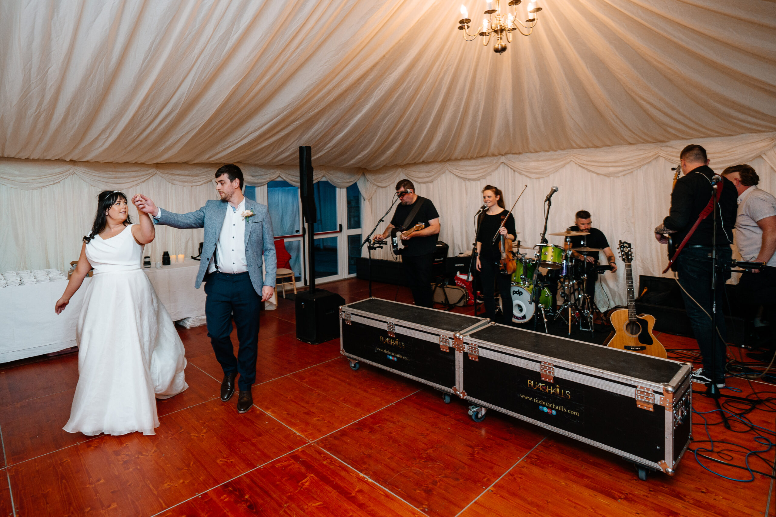 Guests dancing and celebrating on the wedding dancefloor near Markree Castle