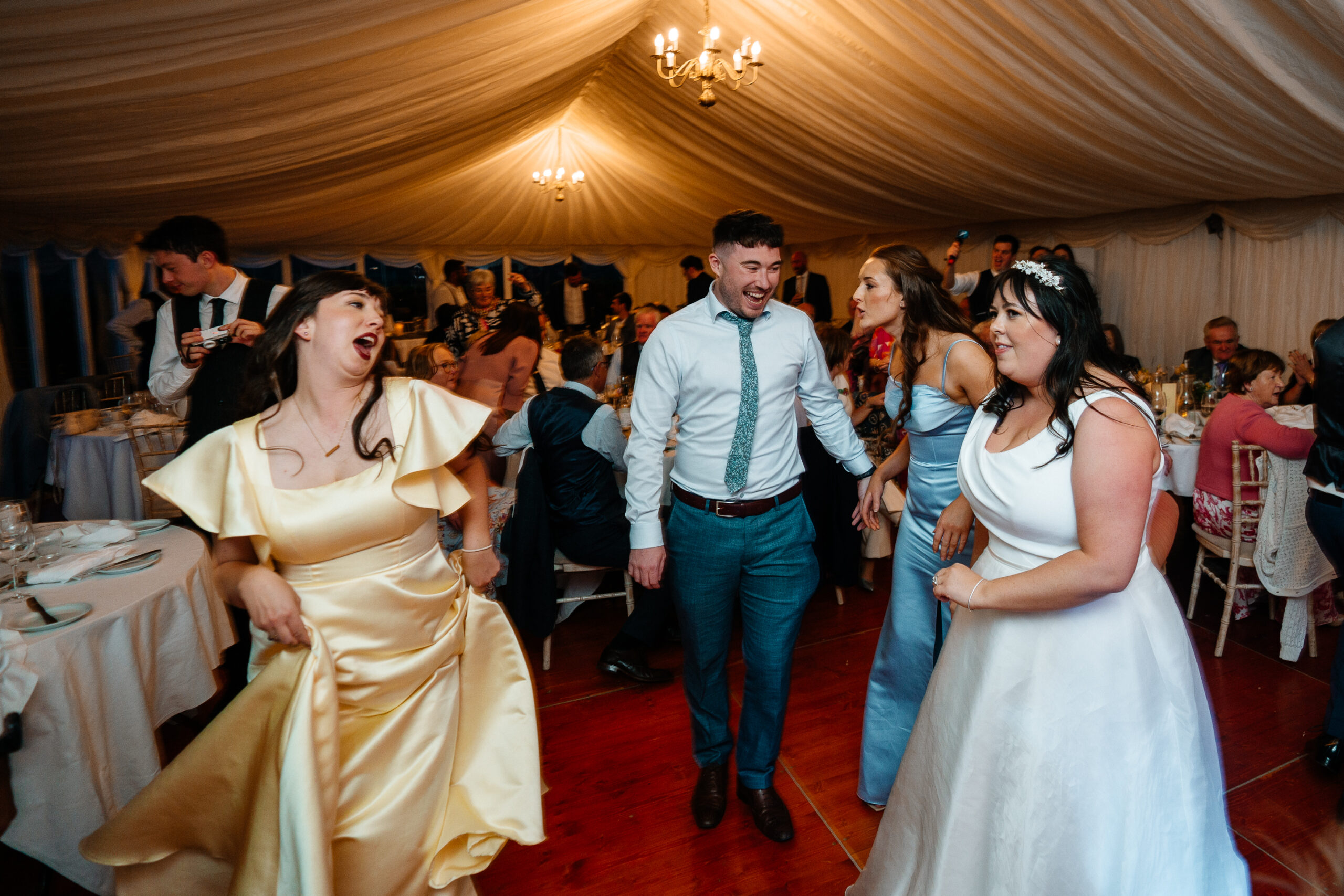 Guests dancing and celebrating on the wedding dancefloor near Markree Castle