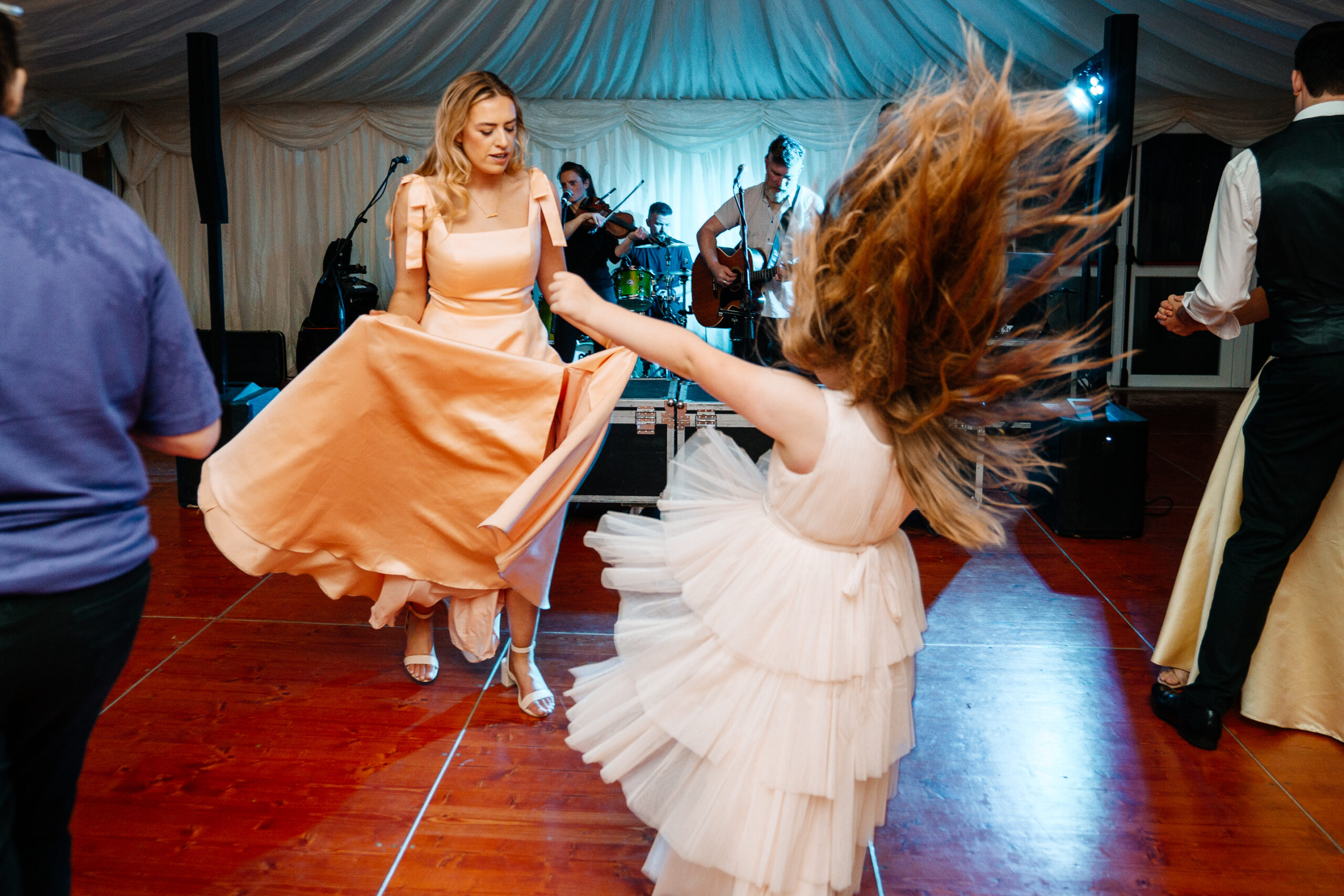 Guests dancing and celebrating on the wedding dancefloor near Markree Castle