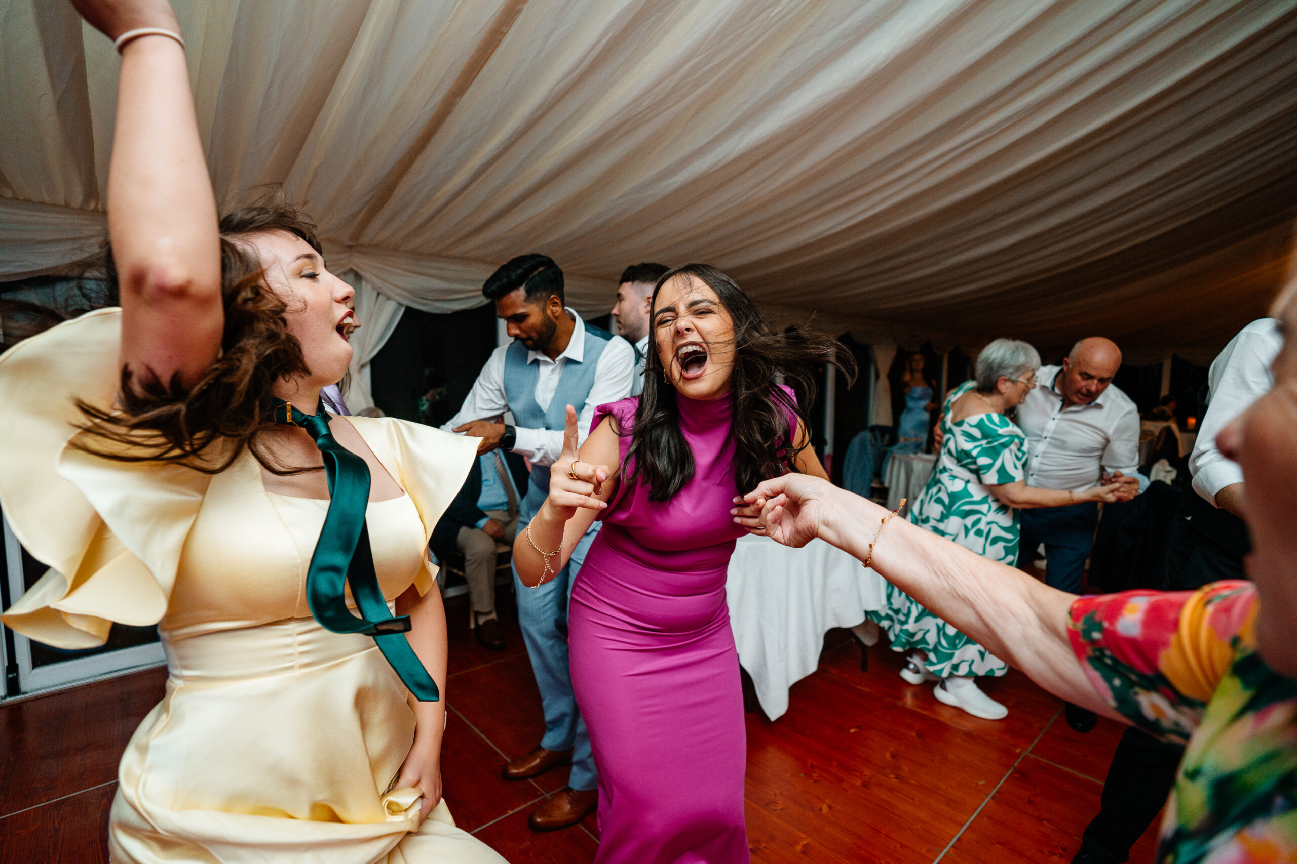 Guests dancing and celebrating on the wedding dancefloor near Markree Castle