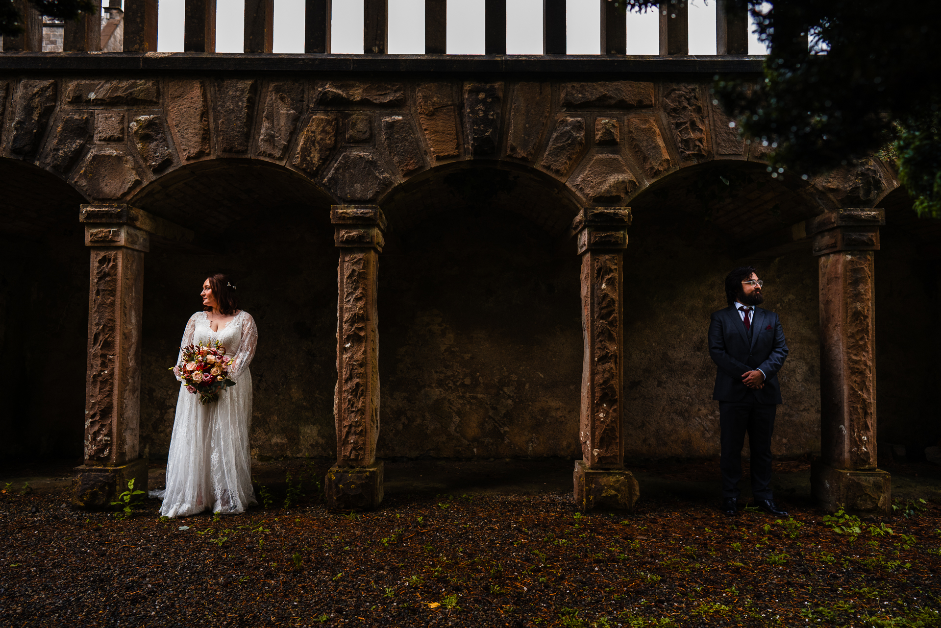 Romantic intimate wedding portrait in Belleek Woods and garden after rain