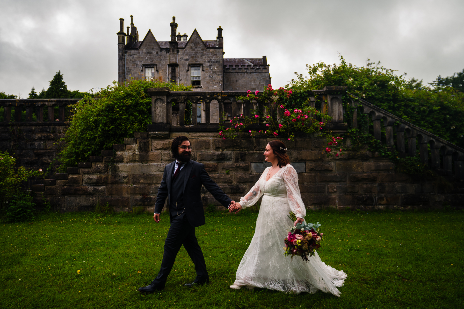 Romantic intimate wedding portrait in Belleek Woods and garden after rain