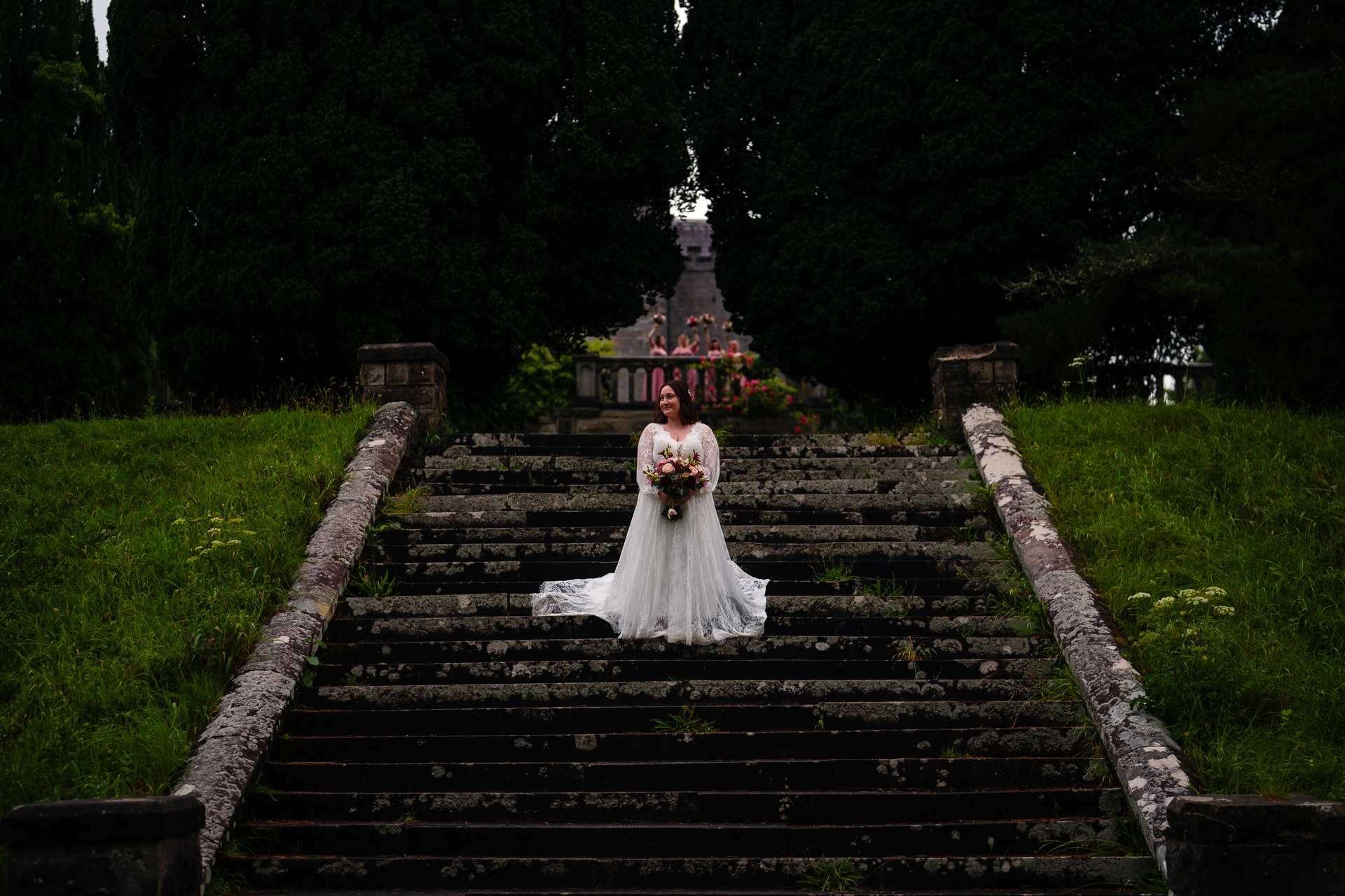 Romantic intimate wedding portrait in Belleek Woods and garden after rain
