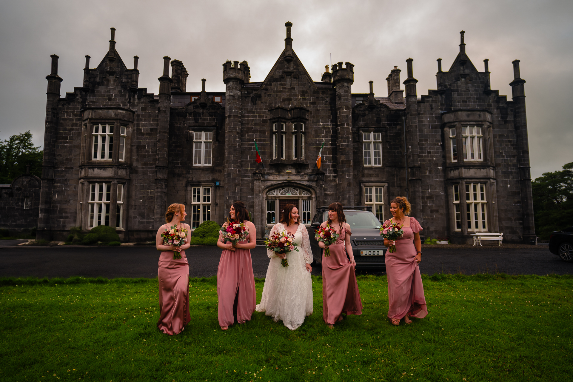 Romantic intimate wedding portrait in Belleek Woods and garden after rain