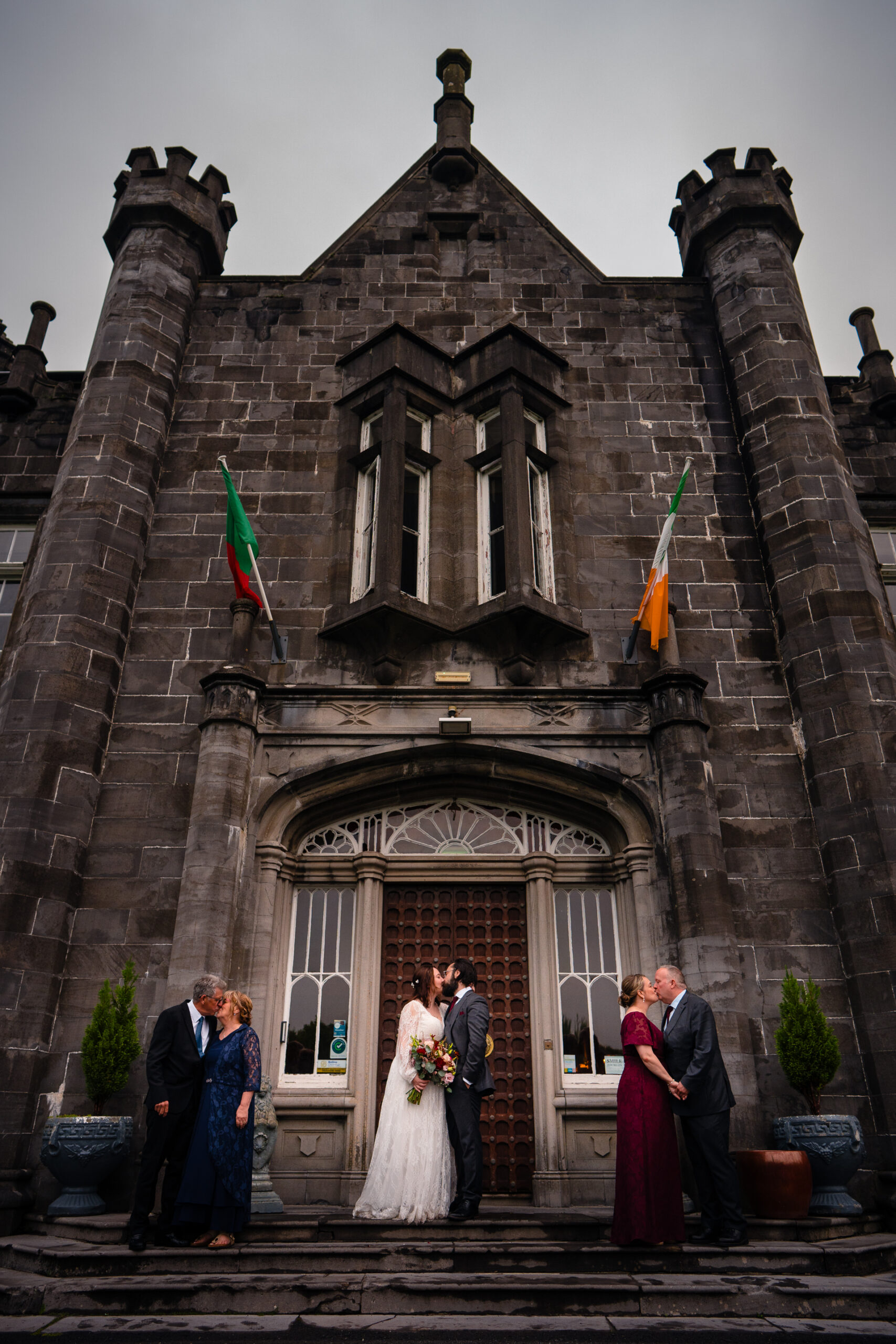Romantic intimate wedding portrait in Belleek Woods and garden after rain