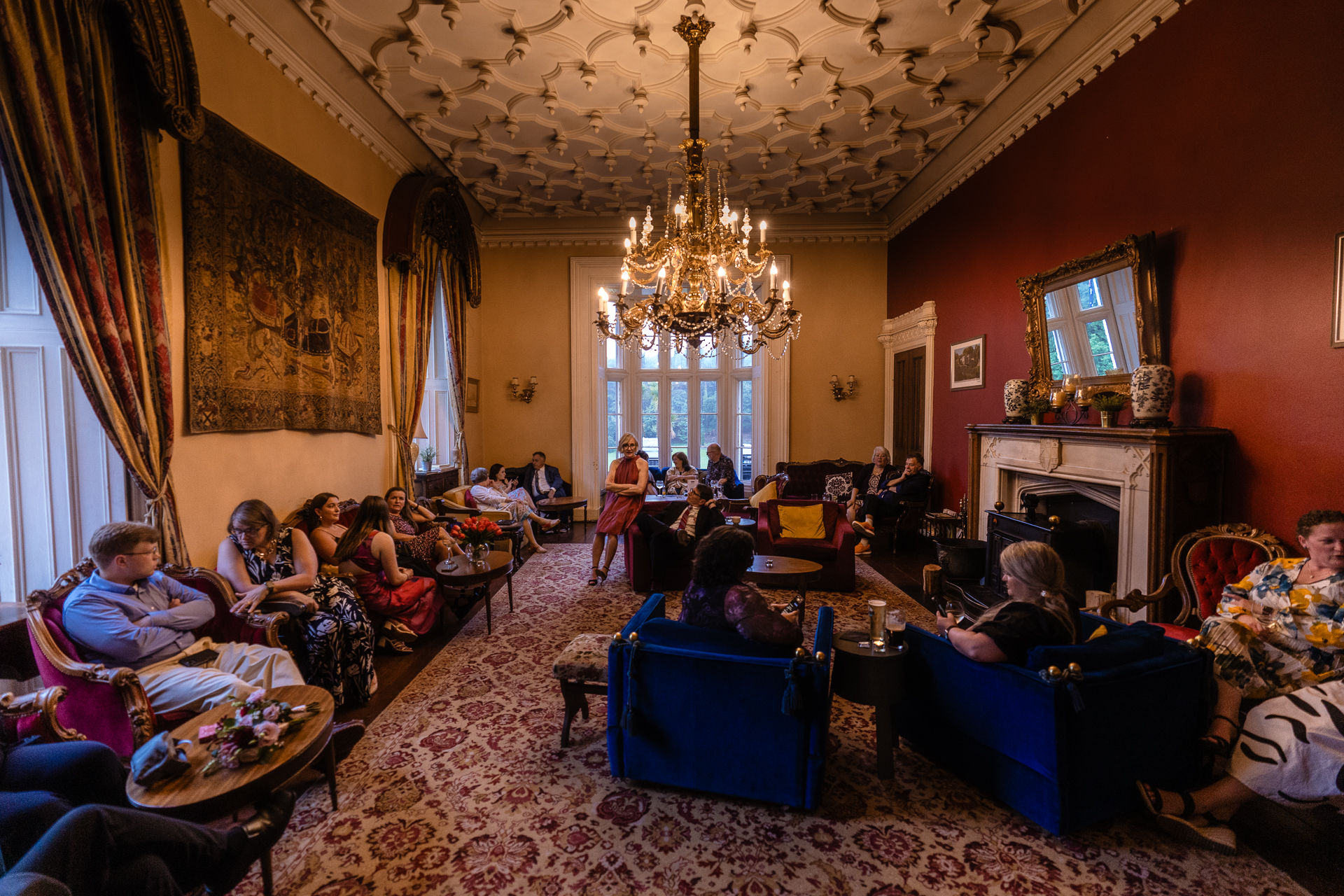 Couple’s first dance in historic ballroom at Belleek Castle during intimate destination wedding