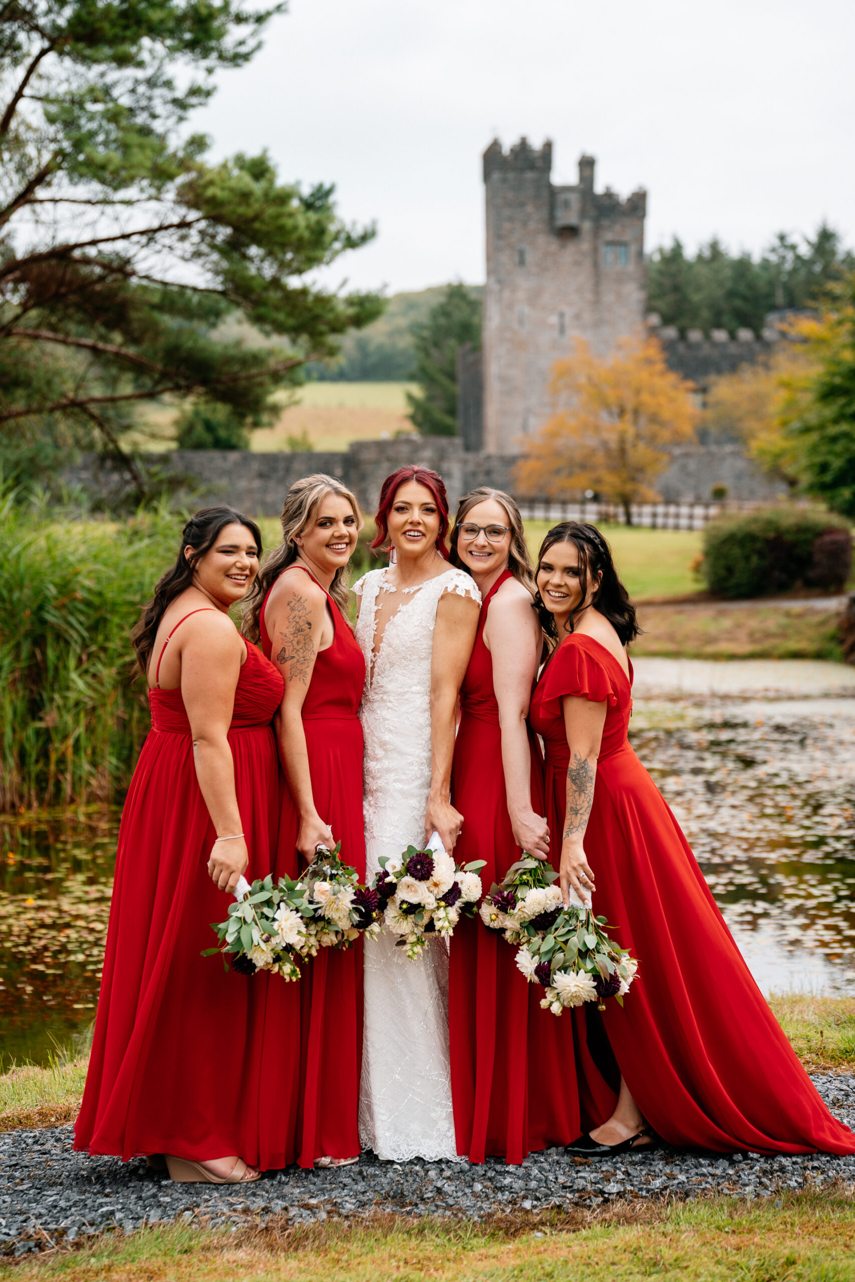 Bride with bridesmaids in the gardens of Cloghan Castle