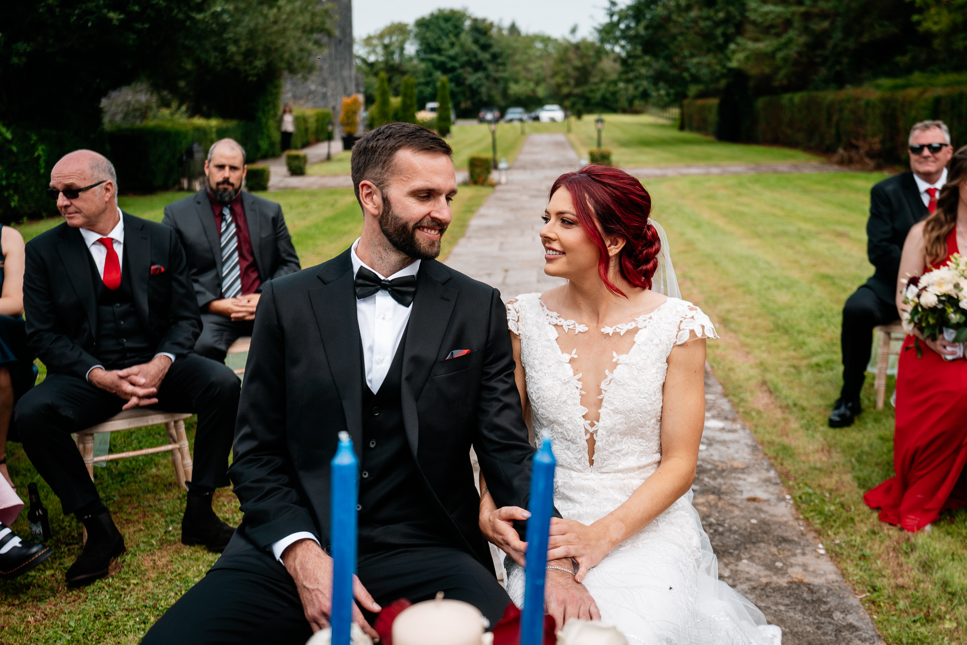 Outdoor wedding ceremony in the gardens of Cloghan Castle