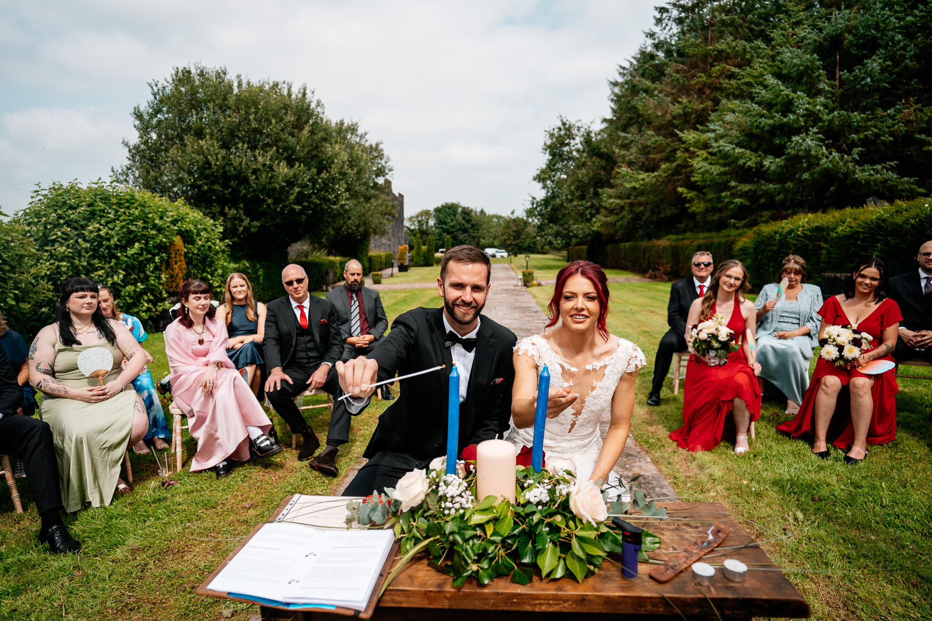 Outdoor wedding ceremony in the gardens of Cloghan Castle