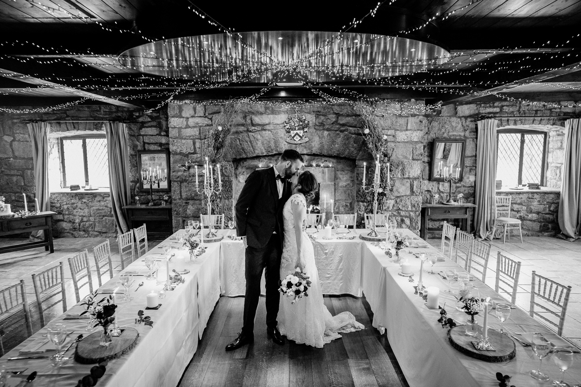 Elegant wedding dinner setup in the dining room of Cloghan Castle