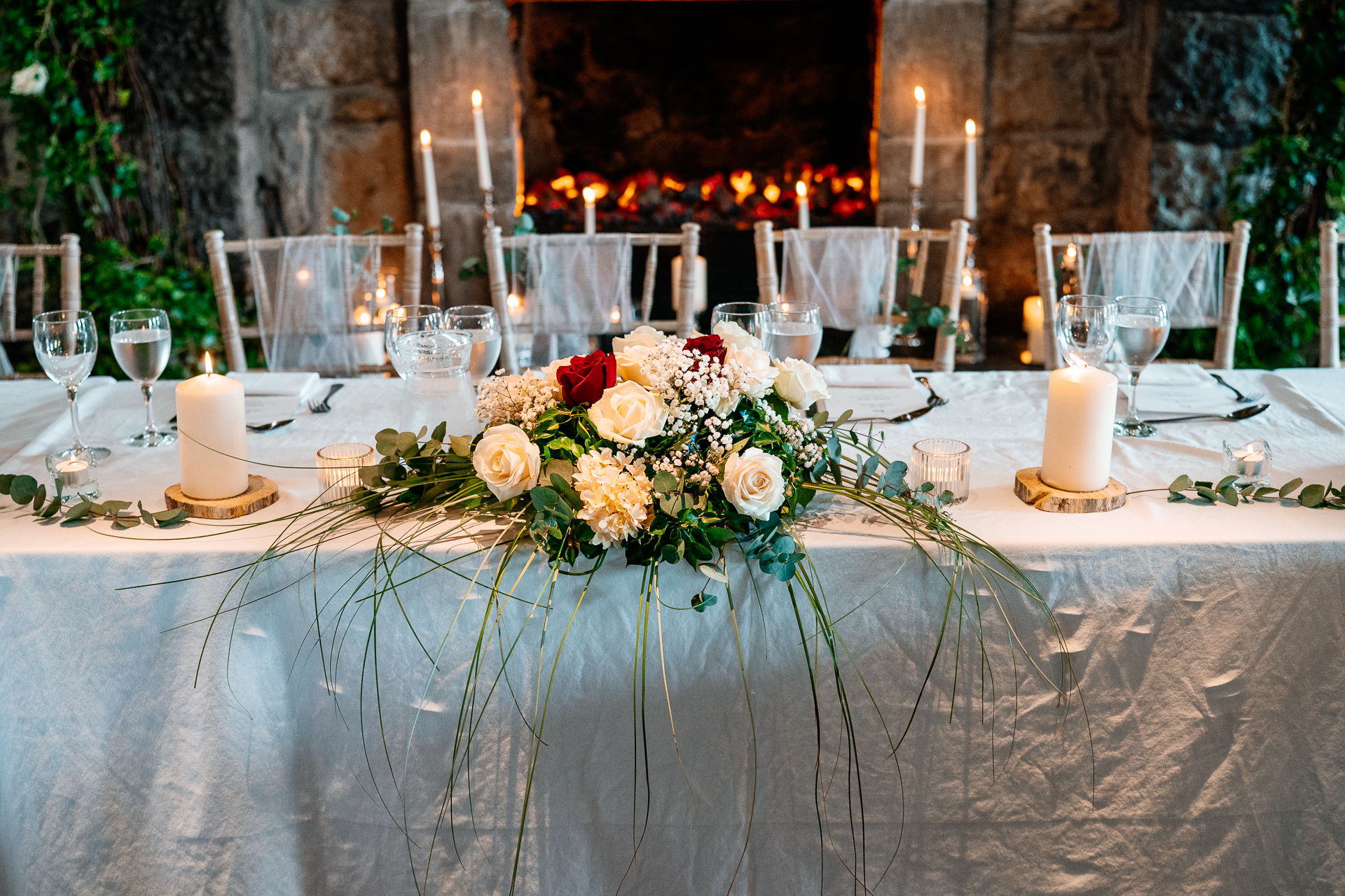 Elegant wedding dinner setup in the dining room of Cloghan Castle