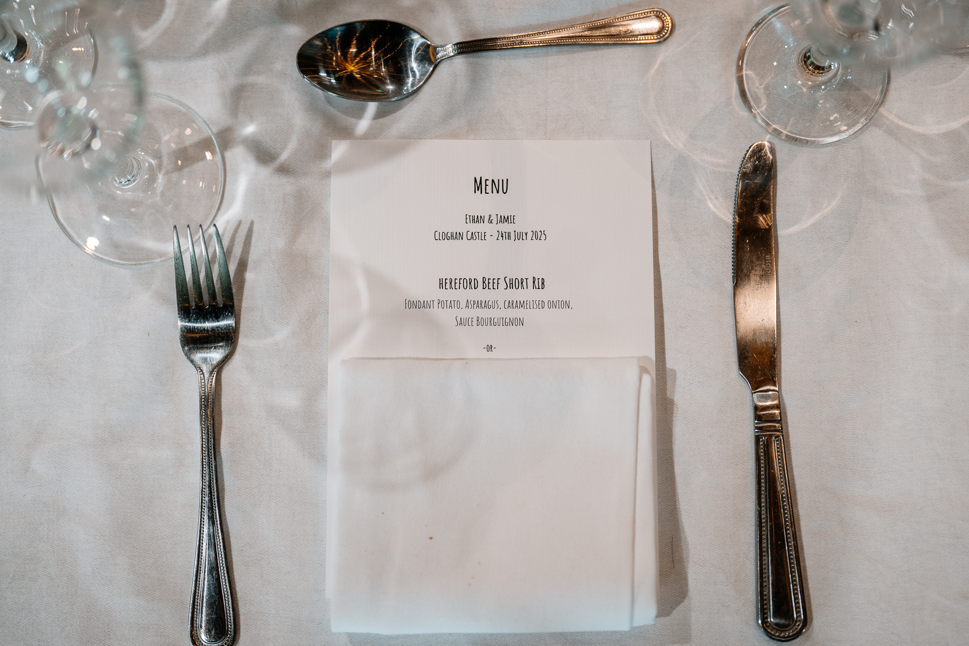 Elegant wedding dinner setup in the dining room of Cloghan Castle