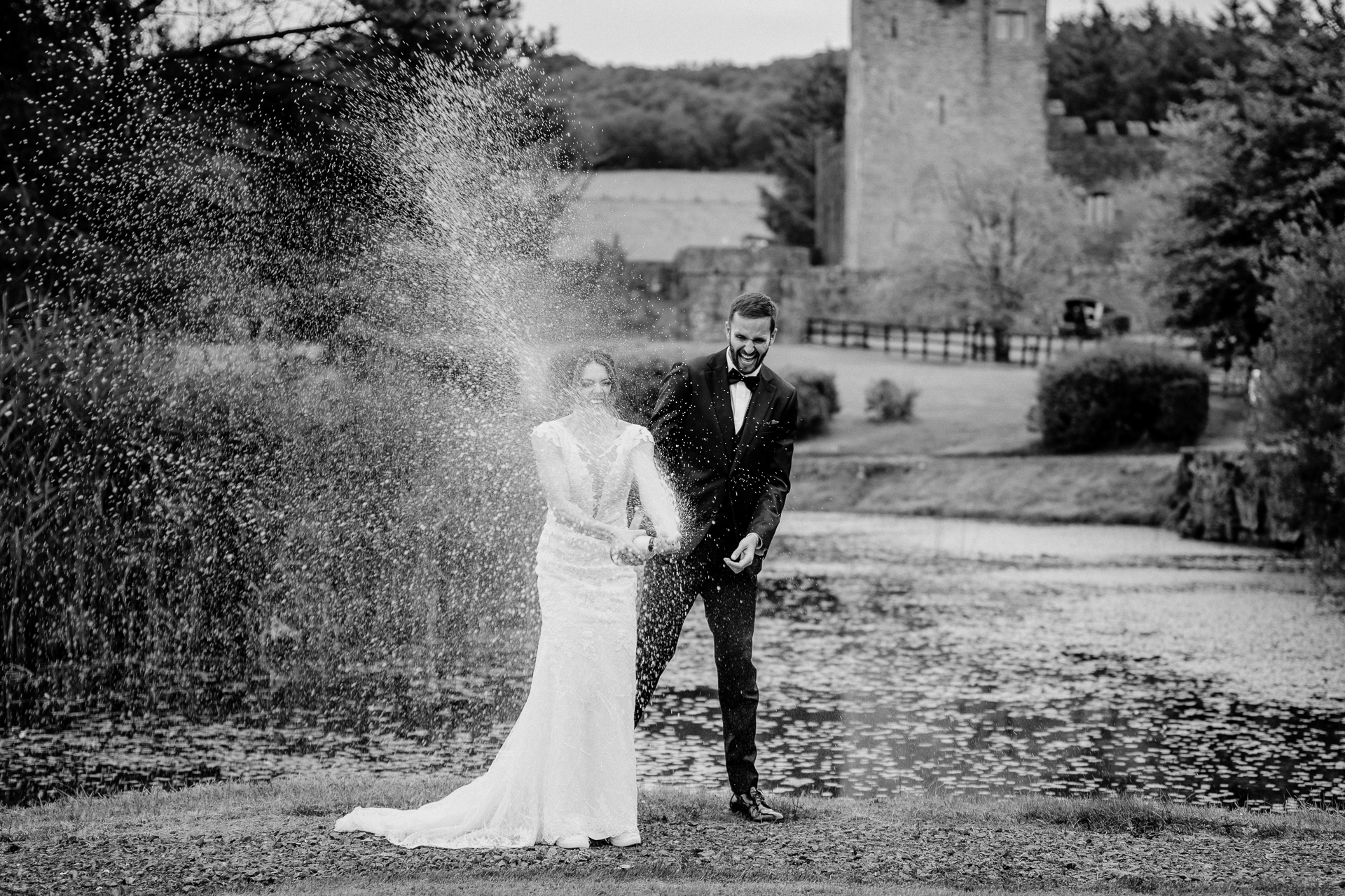 Bride and groom during golden hour at Cloghan Castle