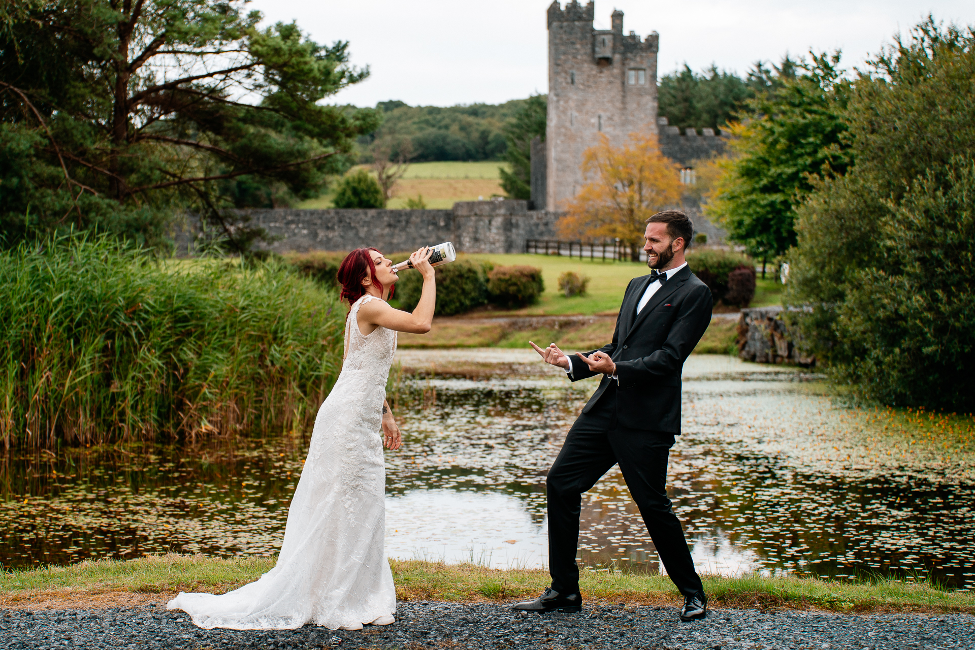 Bride and groom during golden hour at Cloghan Castle