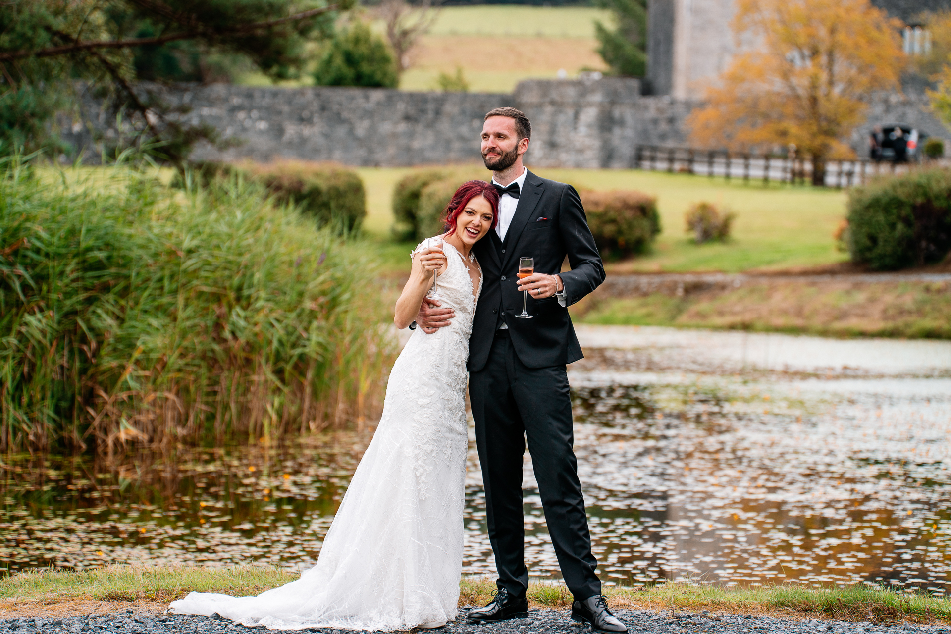 Bride and groom during golden hour at Cloghan Castle