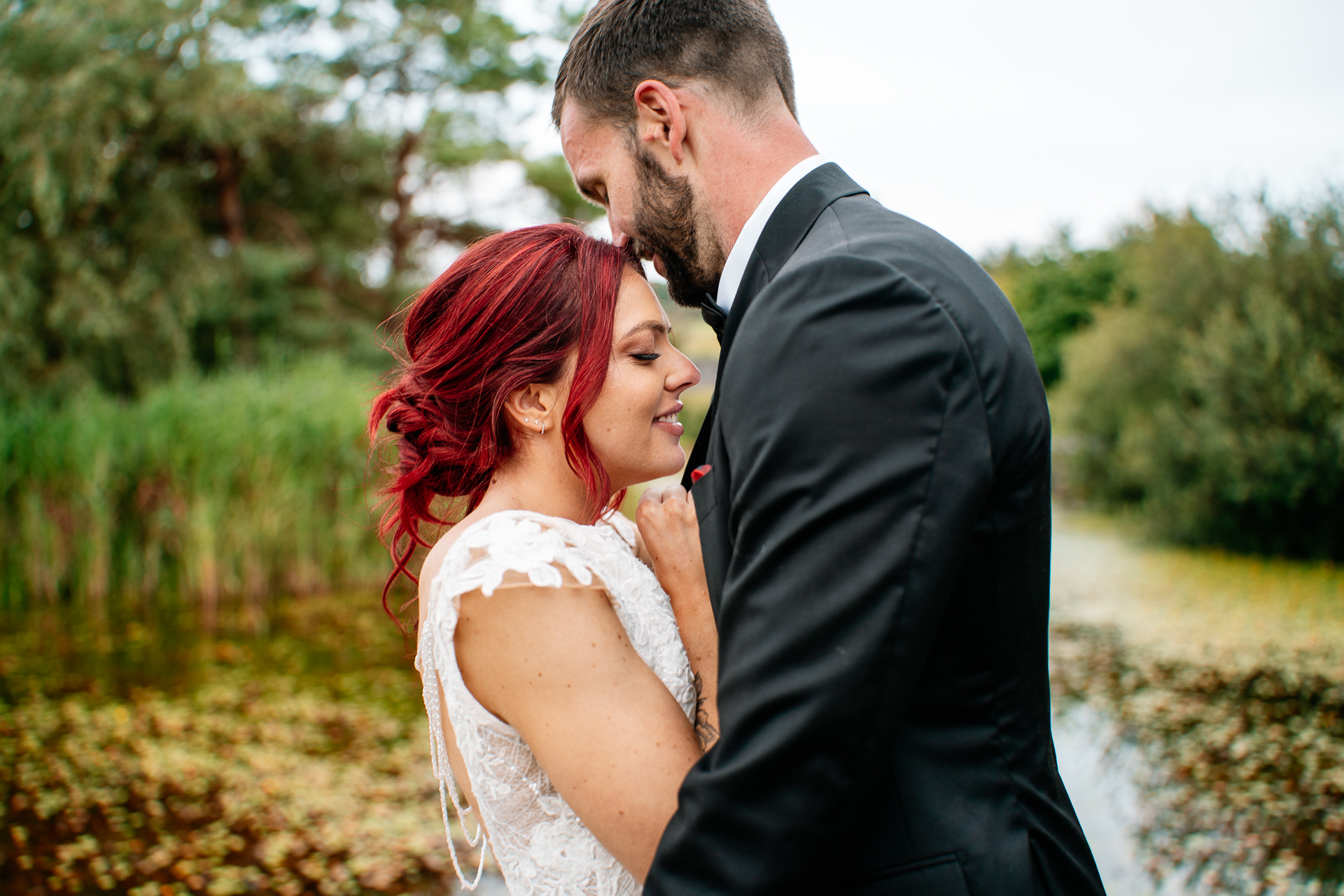 Bride and groom during golden hour at Cloghan Castle