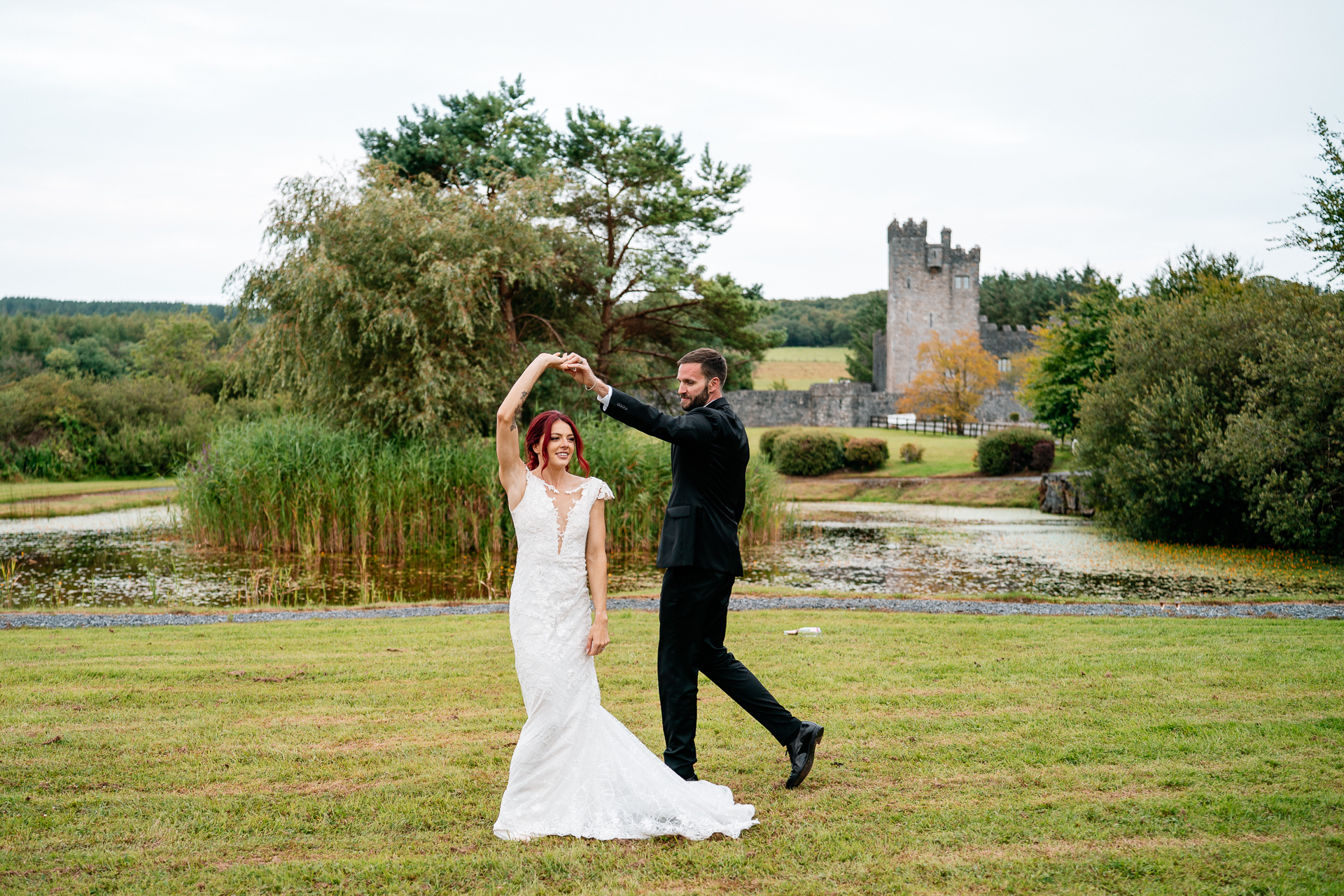 Bride and groom during golden hour at Cloghan Castle