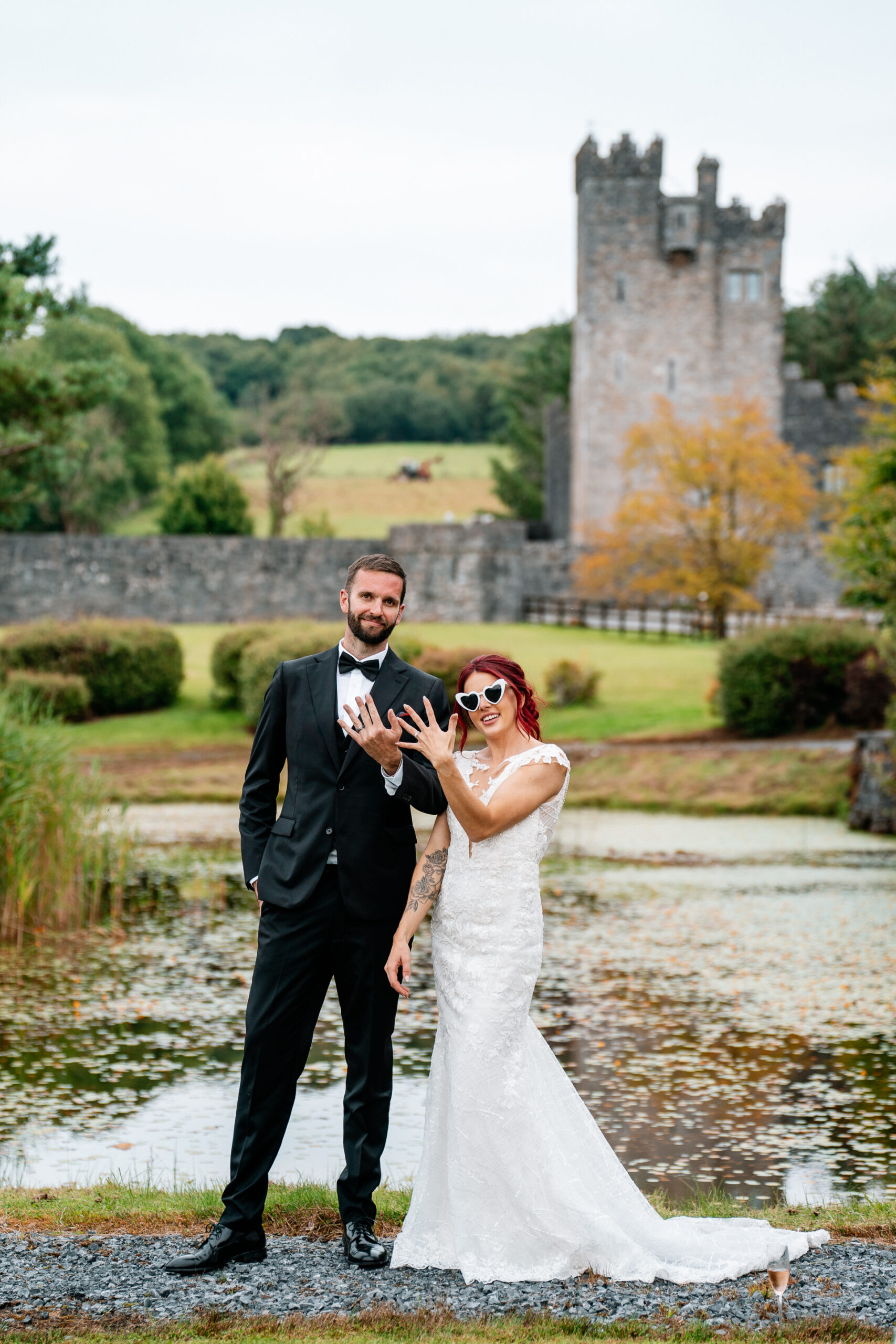 Bride and groom during golden hour at Cloghan Castle