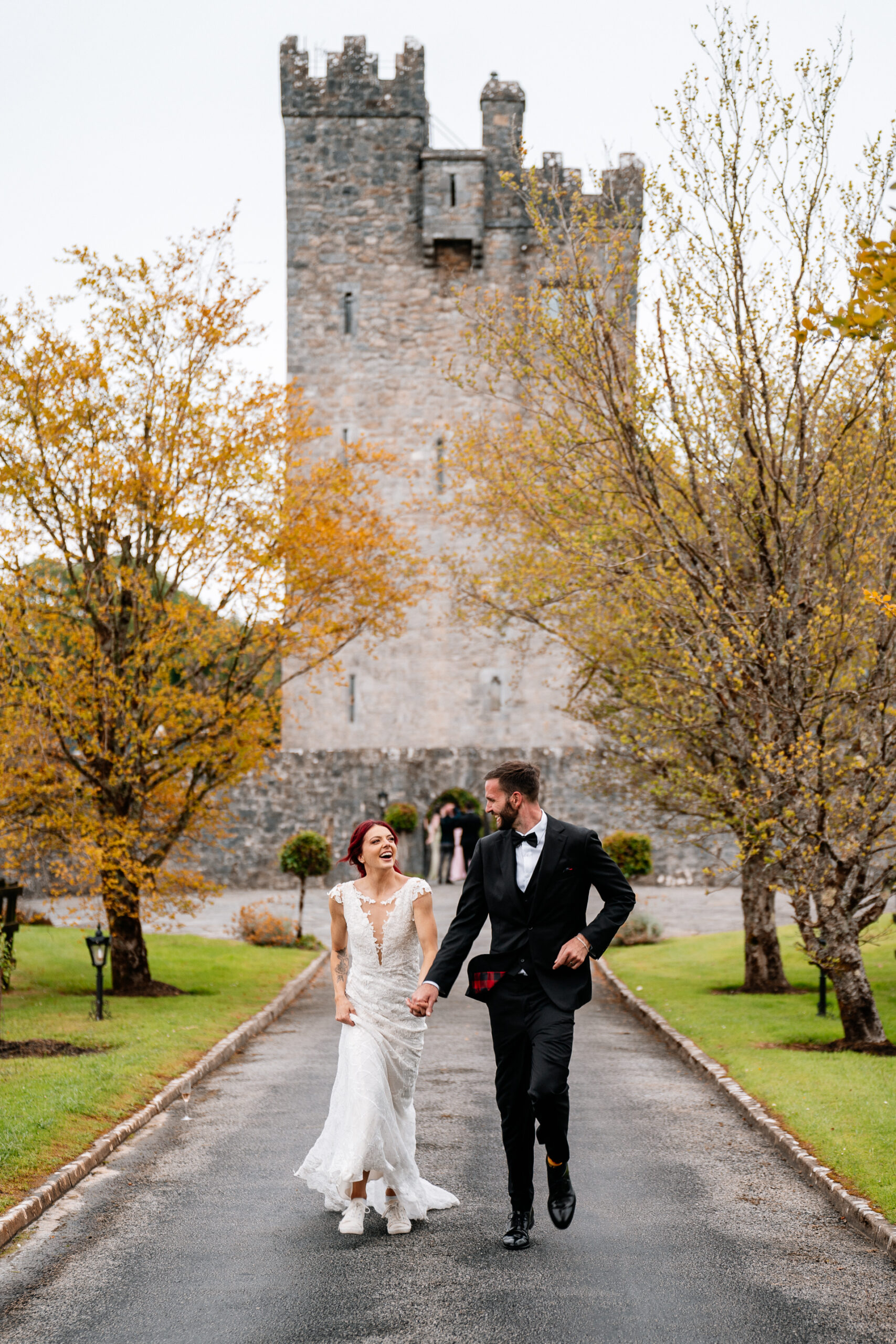 Bride and groom during golden hour at Cloghan Castle