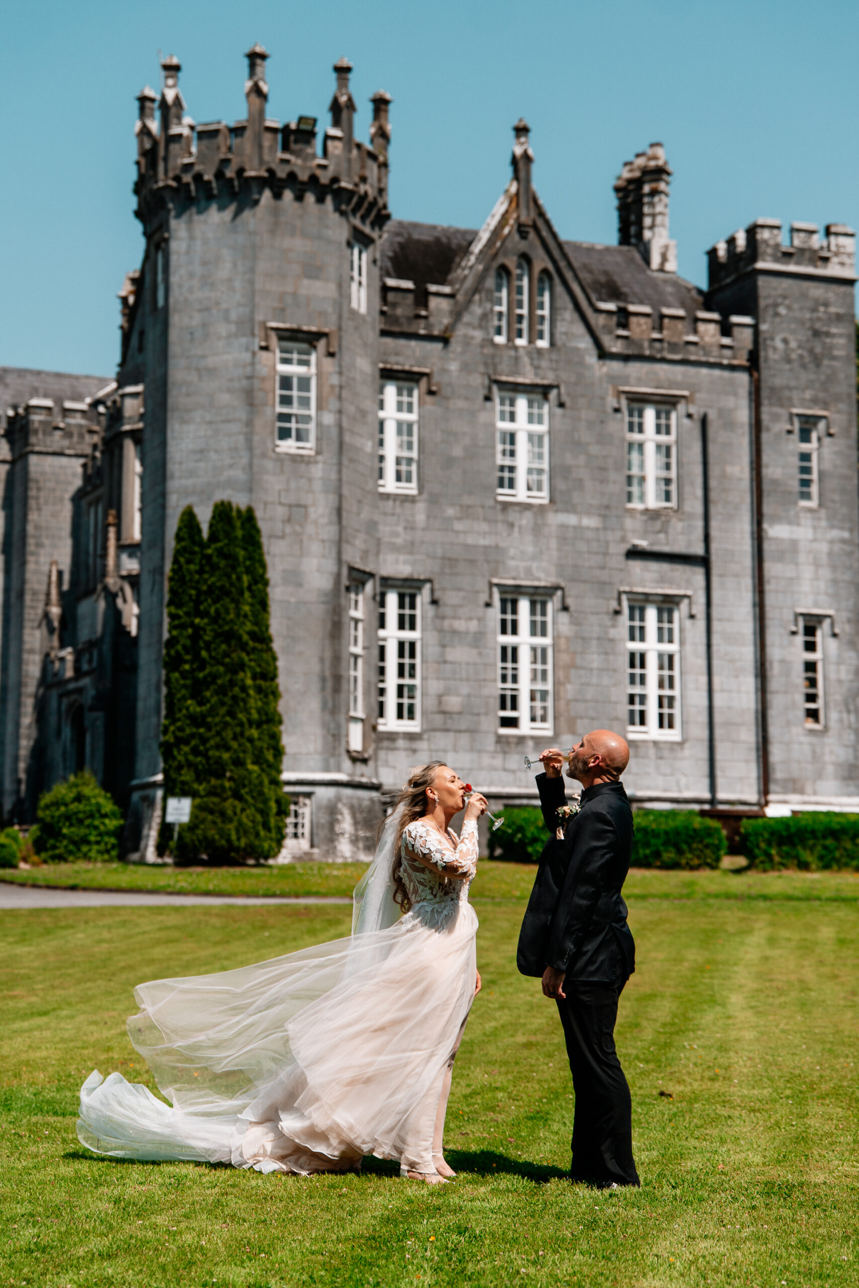 Bride and groom portrait session around the castle grounds of Kinnity Castle Hotel.