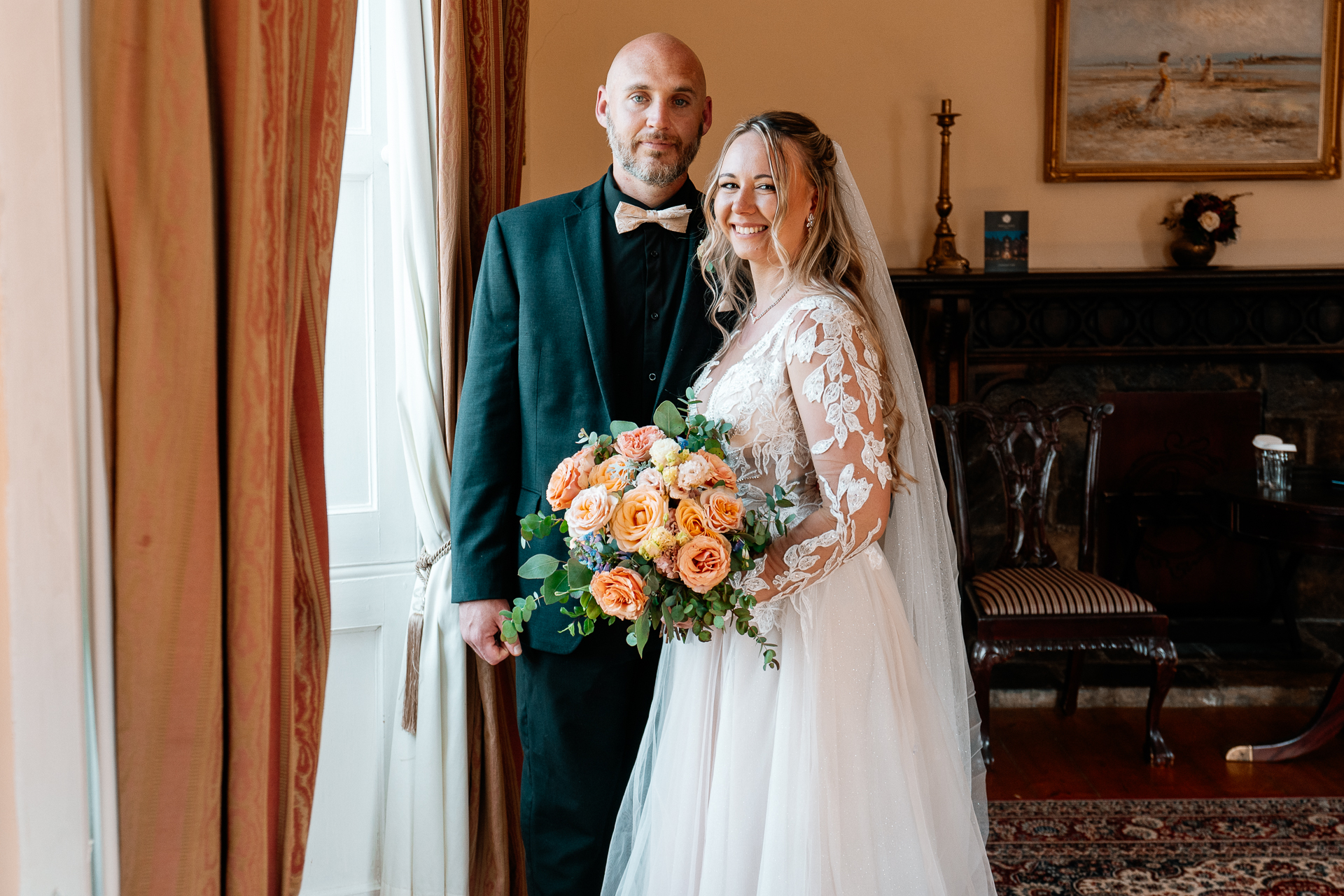 Bride and groom portrait session around the castle grounds of Kinnity Castle Hotel.