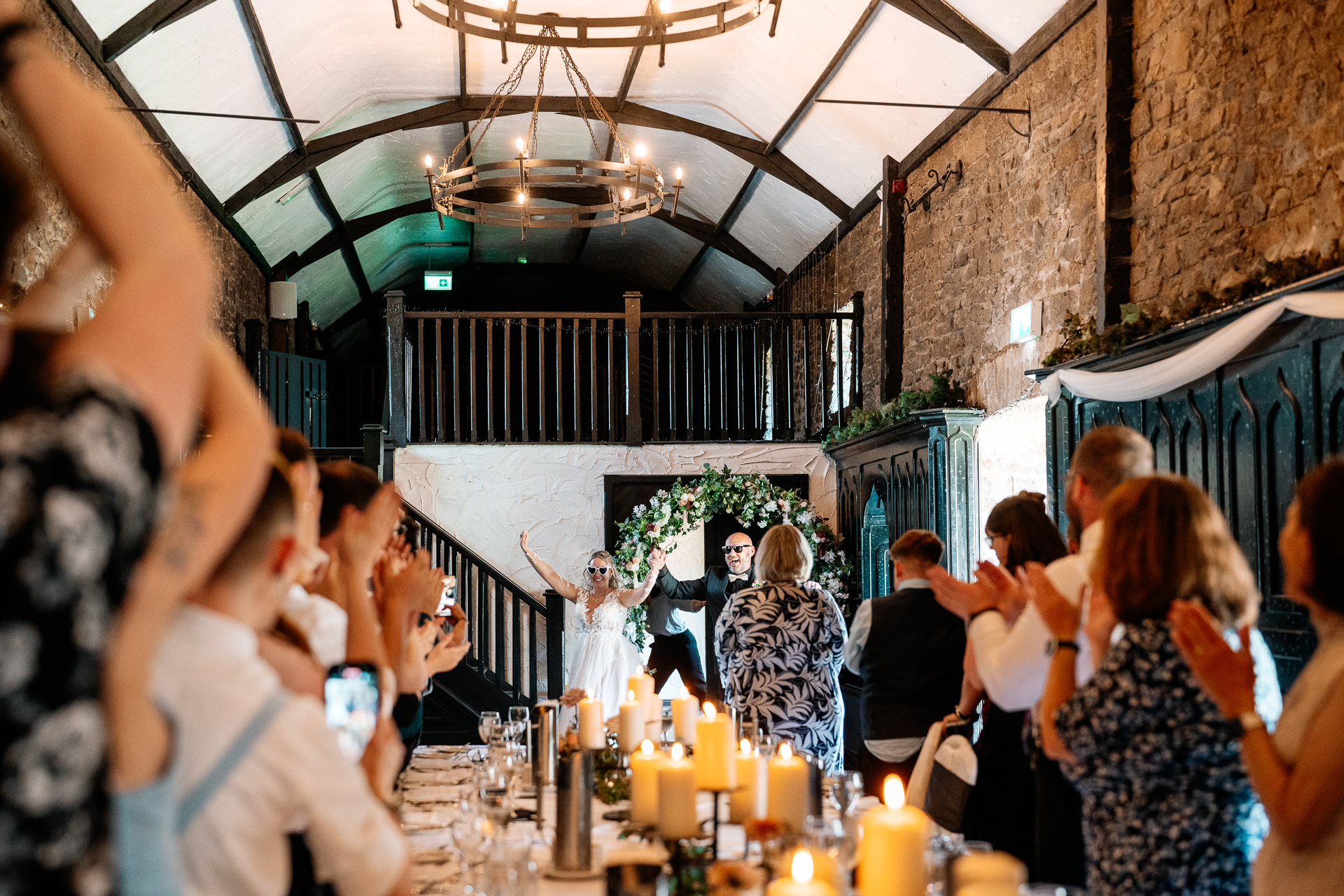 Bride and groom’s first dance and guests dancing in the cozy Dining Room at Kinnity Castle Hotel.