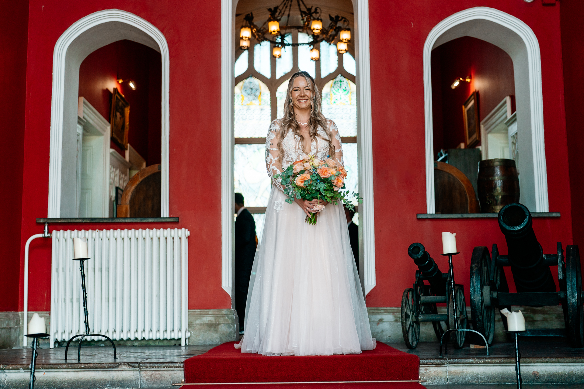 Bride and groom emotional First Look moment in front of Kinnity Castle Hotel.