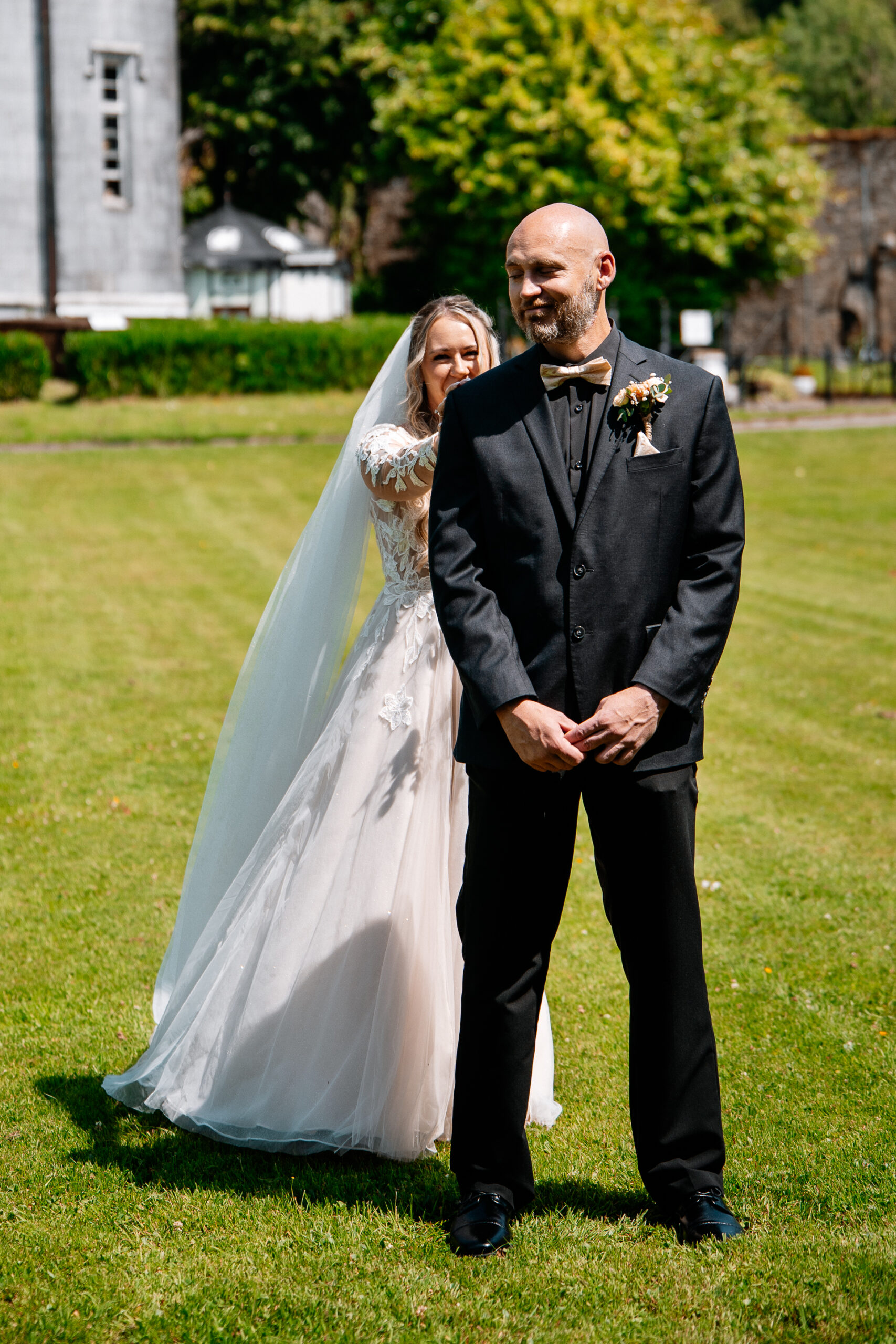 Bride and groom emotional First Look moment in front of Kinnity Castle Hotel.