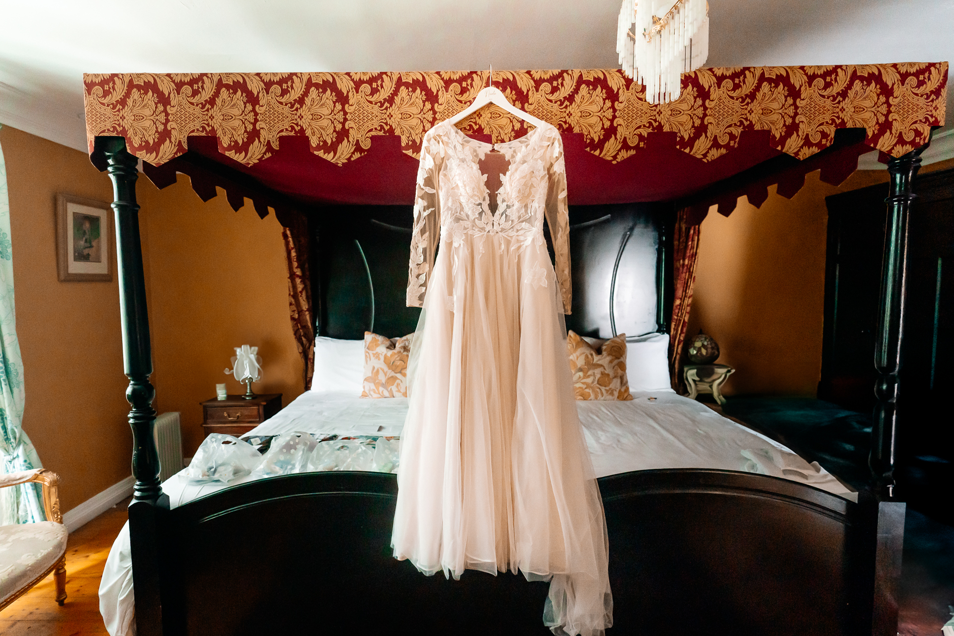 Bride and groom getting ready at Kinnity Castle Hotel for their destination wedding in Ireland.