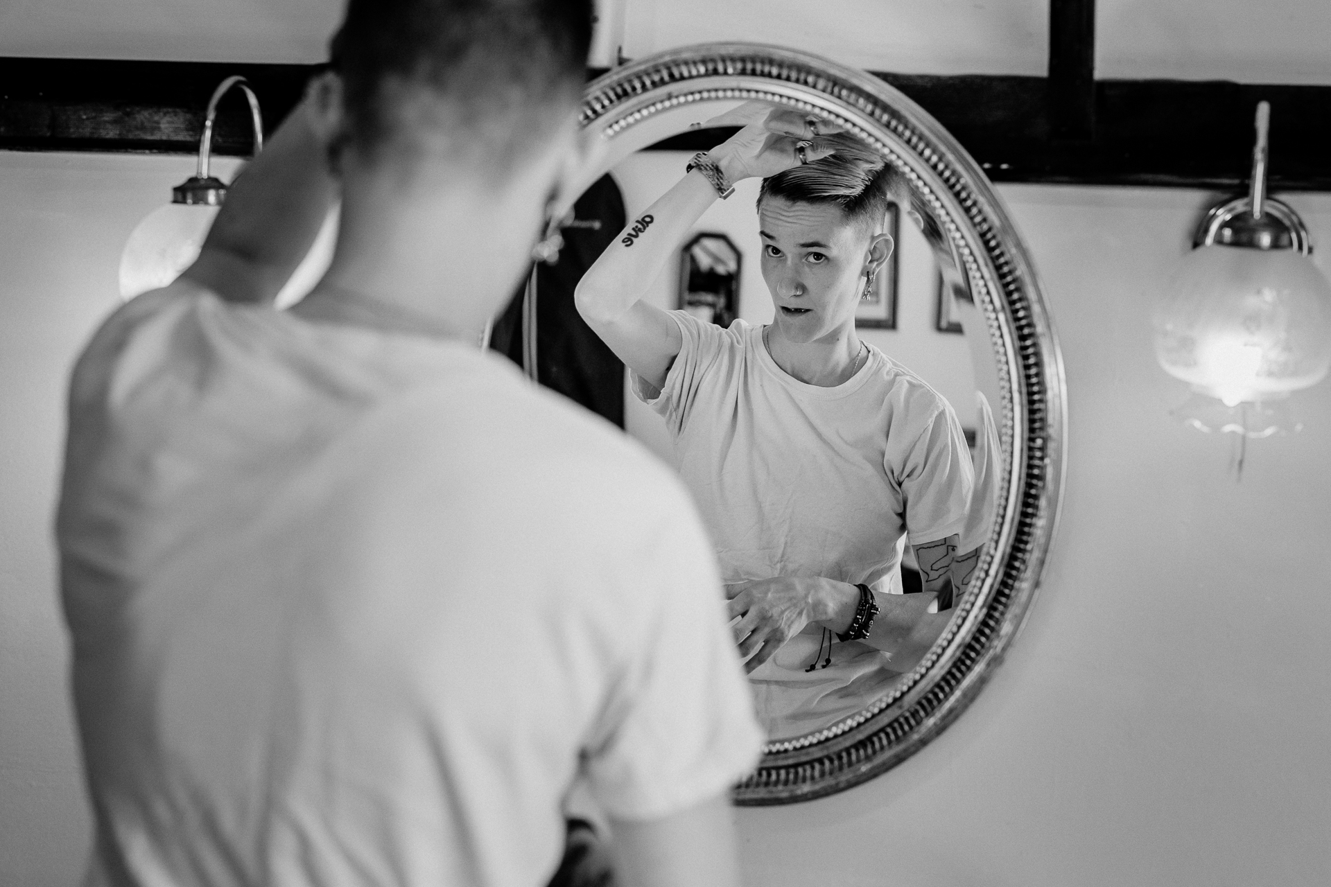 Bride and groom getting ready at Kinnity Castle Hotel for their destination wedding in Ireland.