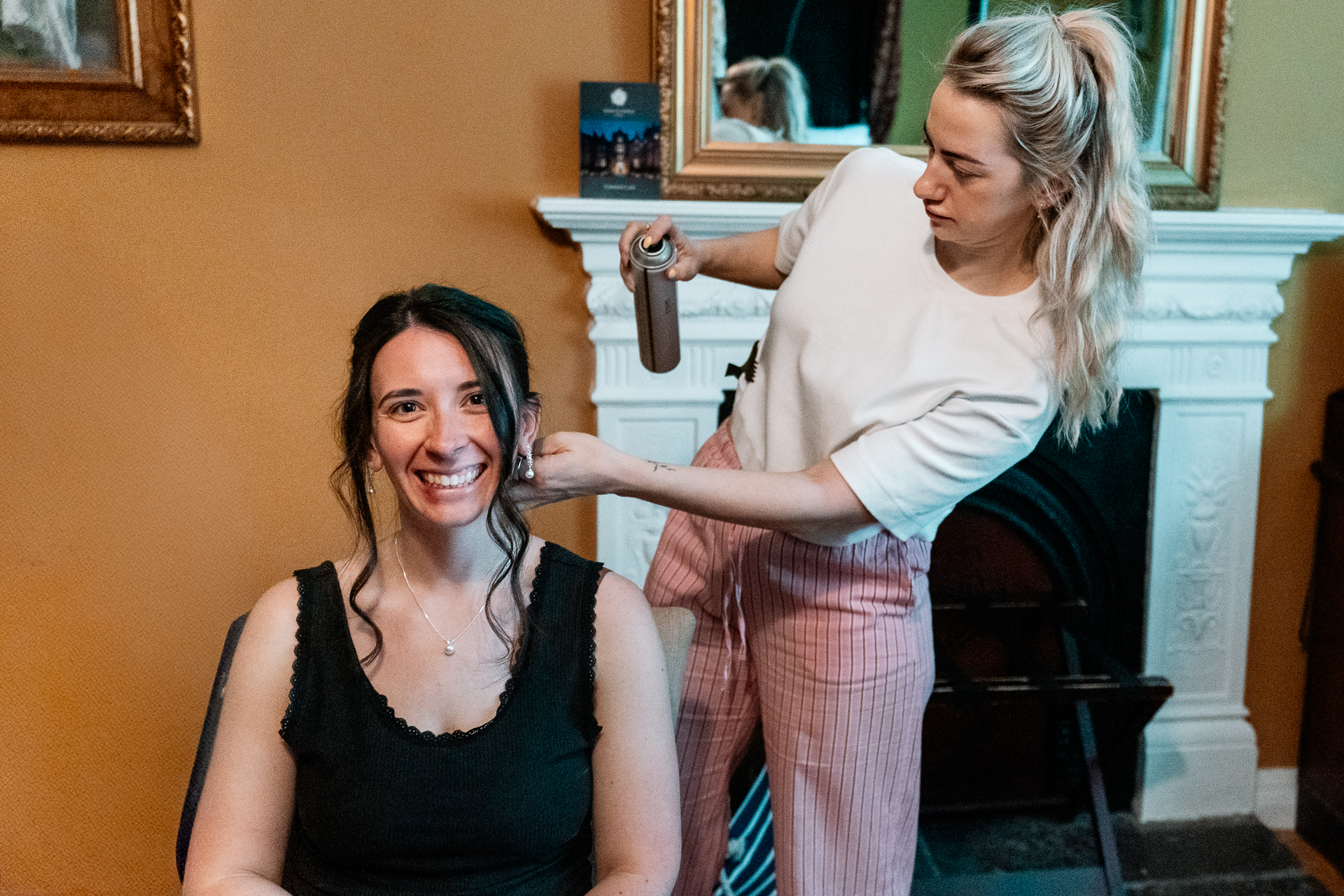 Bride and groom getting ready at Kinnity Castle Hotel for their destination wedding in Ireland.
