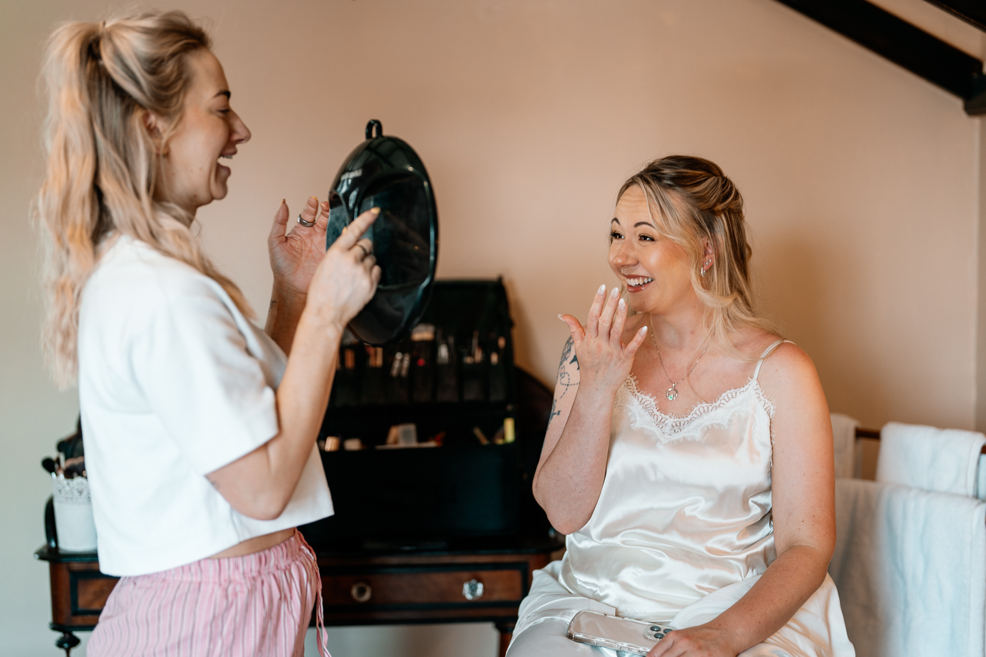 Bride and groom getting ready at Kinnity Castle Hotel for their destination wedding in Ireland.