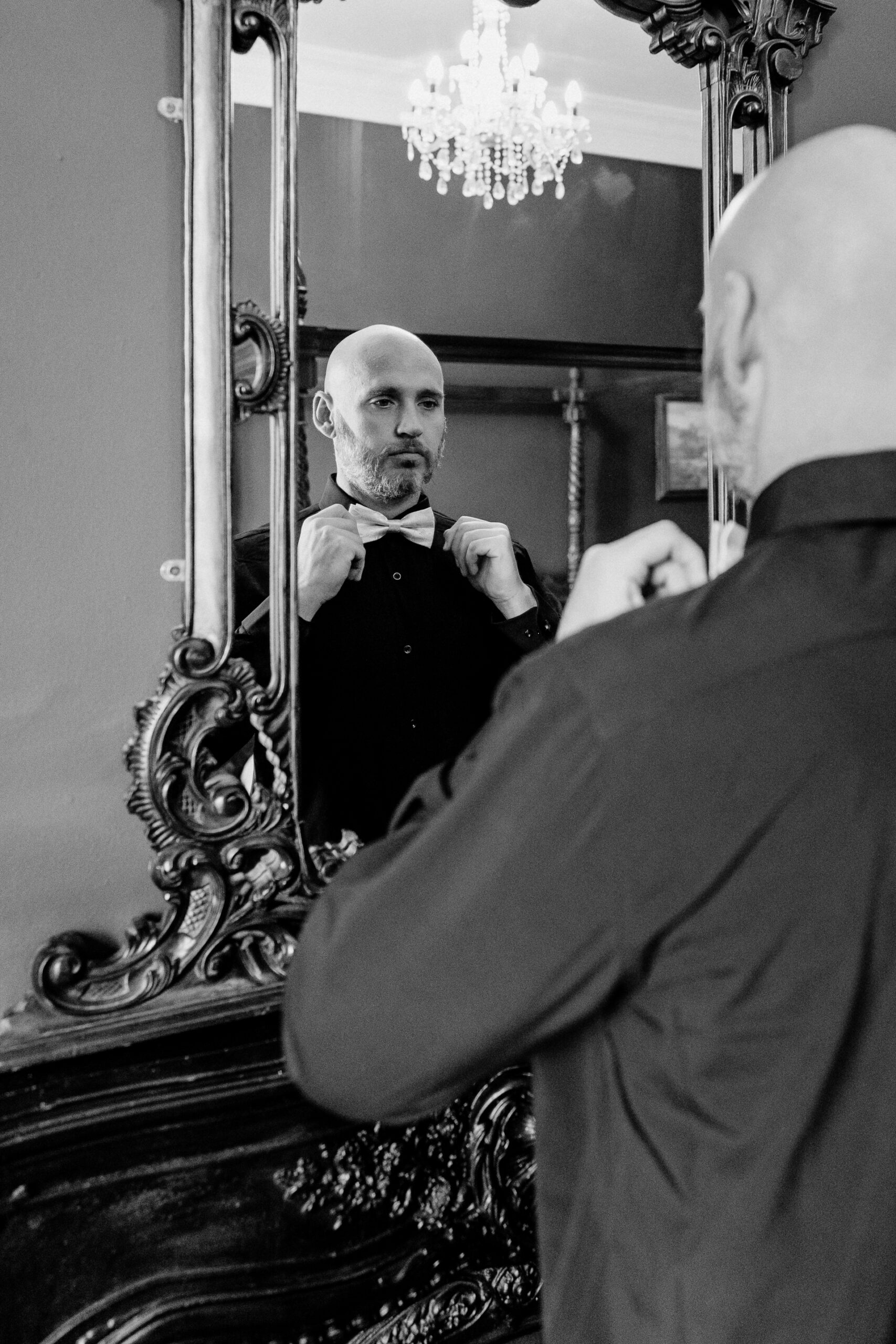 Bride and groom getting ready at Kinnity Castle Hotel for their destination wedding in Ireland.
