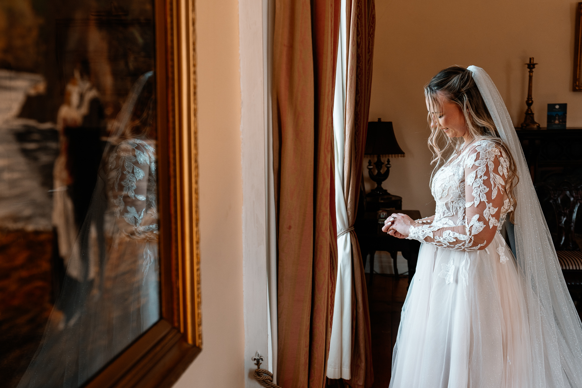 Bride and groom getting ready at Kinnity Castle Hotel for their destination wedding in Ireland.