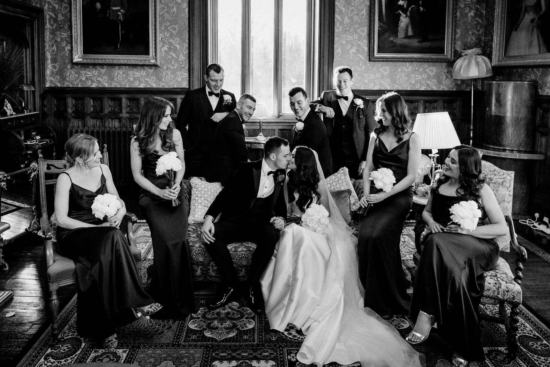 Bride and wedding guests in timeless black and white – Markree Castle

