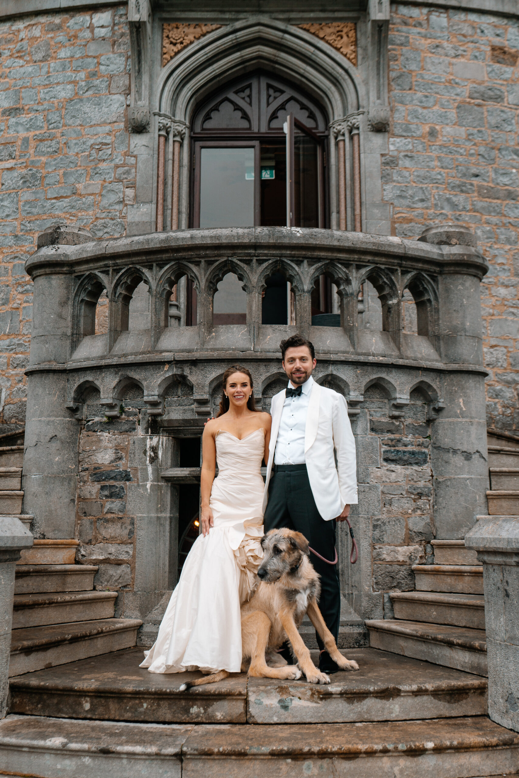 Bride and groom portraits around the gardens, boathouse and interiors at Markree Castle – with Irish Wolfhound Fionn