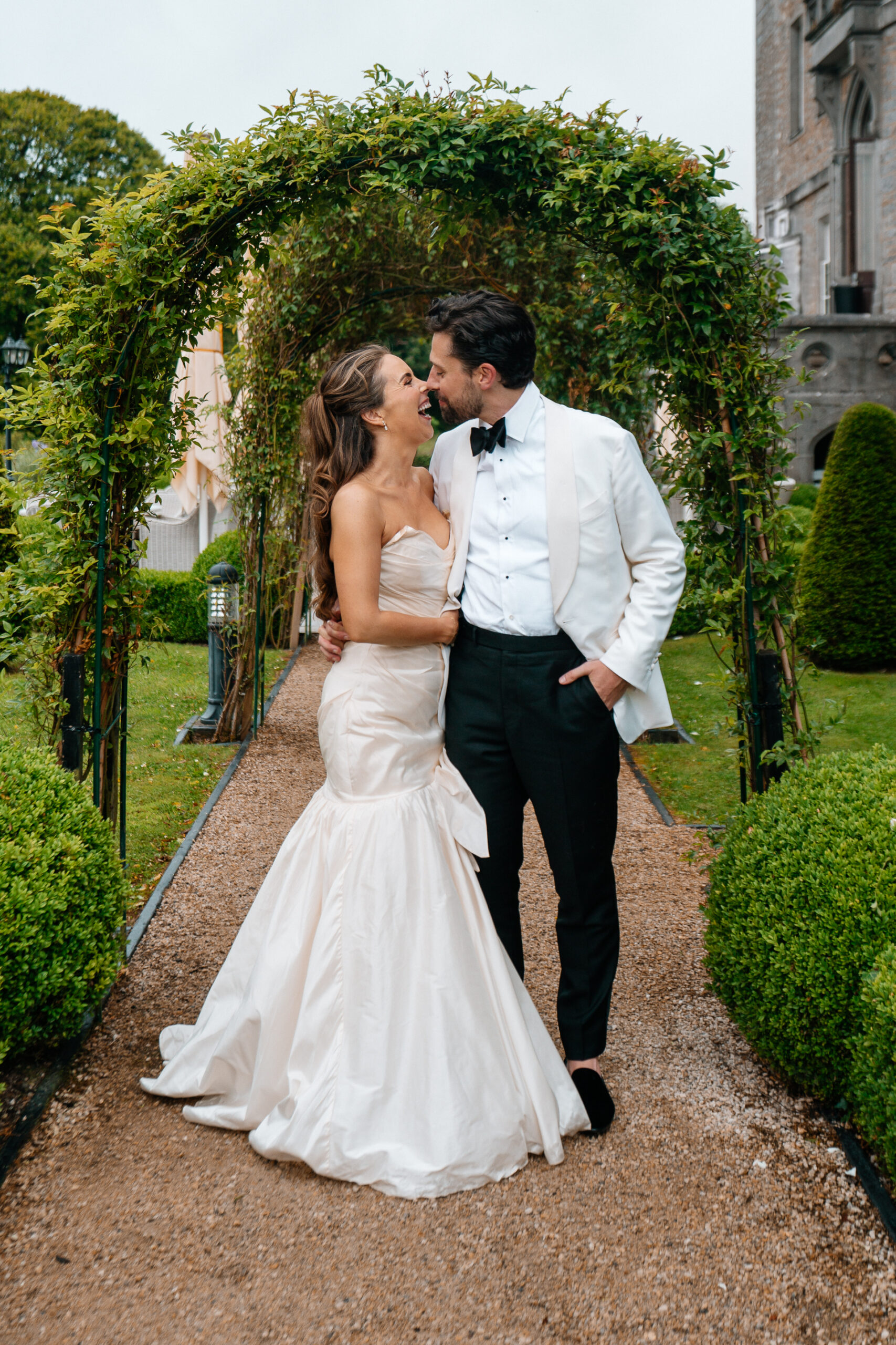 Bride and groom portraits around the gardens, boathouse and interiors at Markree Castle – with Irish Wolfhound Fionn