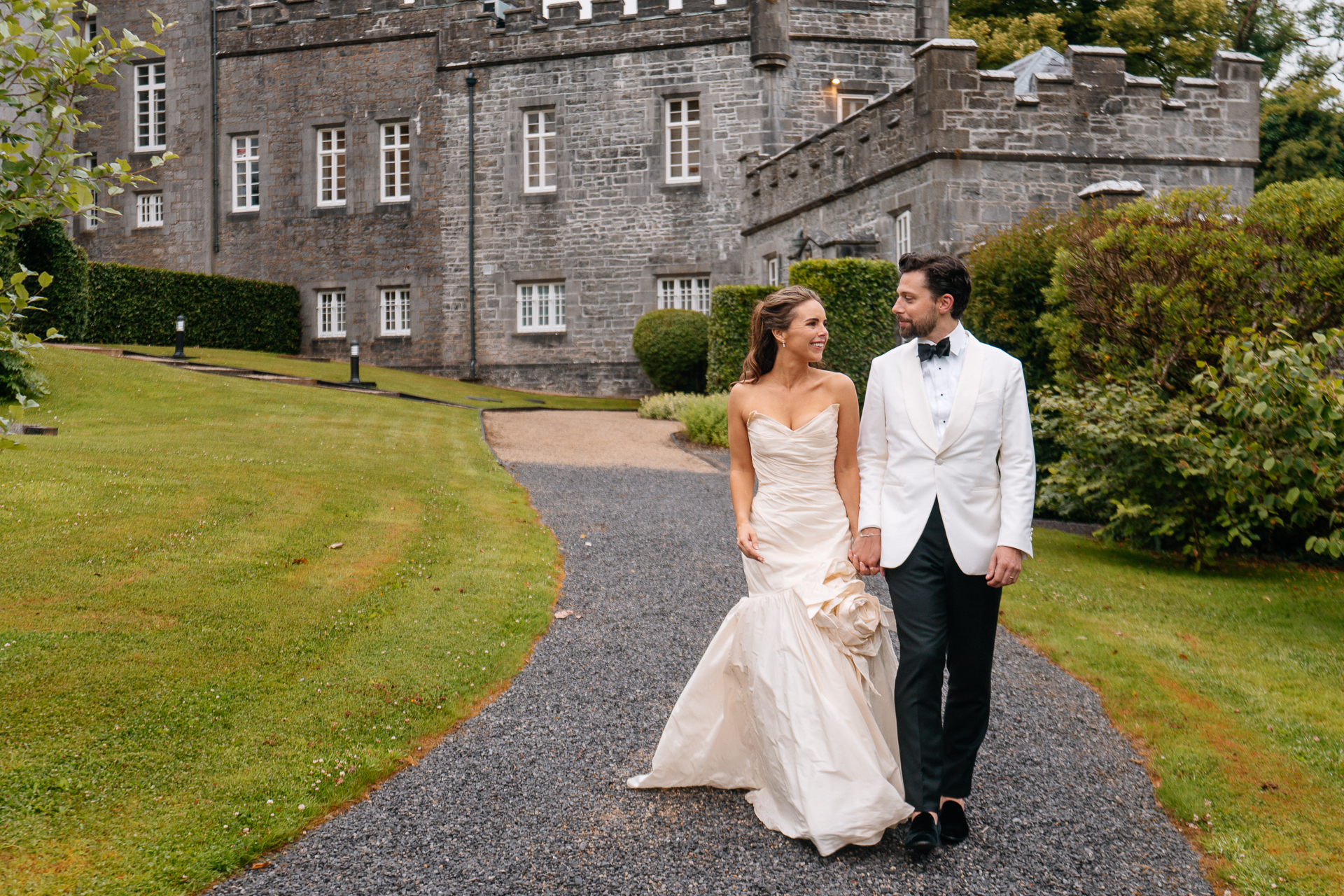 Bride and groom portraits around the gardens, boathouse and interiors at Markree Castle – with Irish Wolfhound Fionn