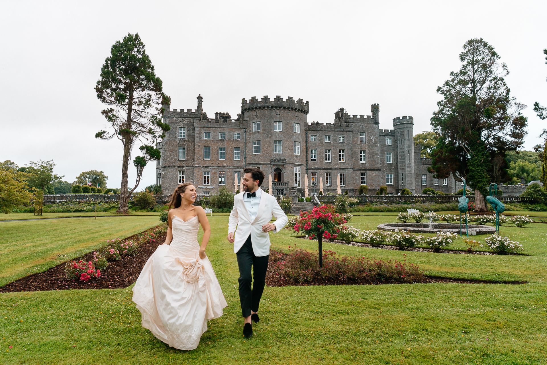Bride and groom portraits around the gardens, boathouse and interiors at Markree Castle – with Irish Wolfhound Fionn