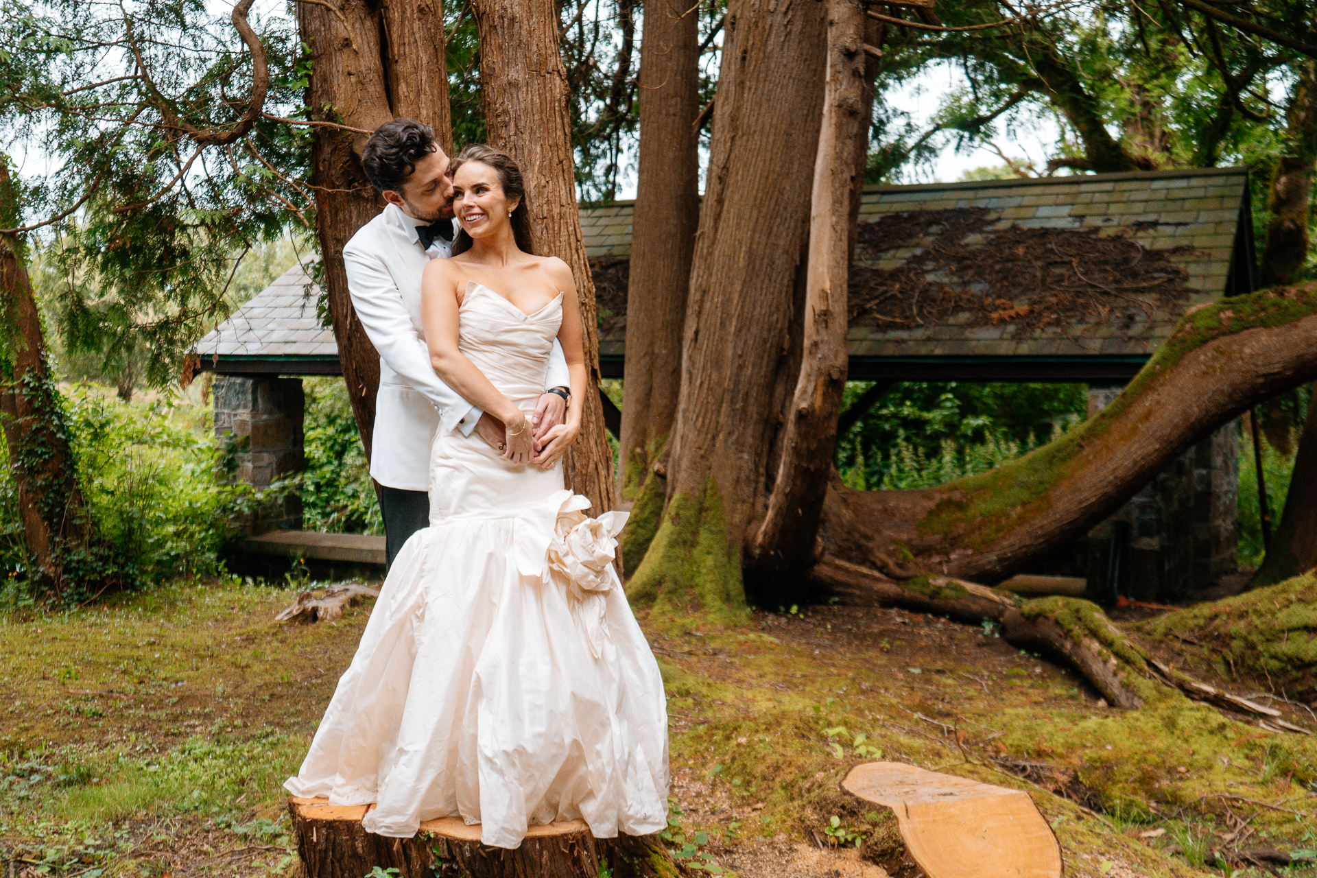 Bride and groom portraits around the gardens, boathouse and interiors at Markree Castle – with Irish Wolfhound Fionn