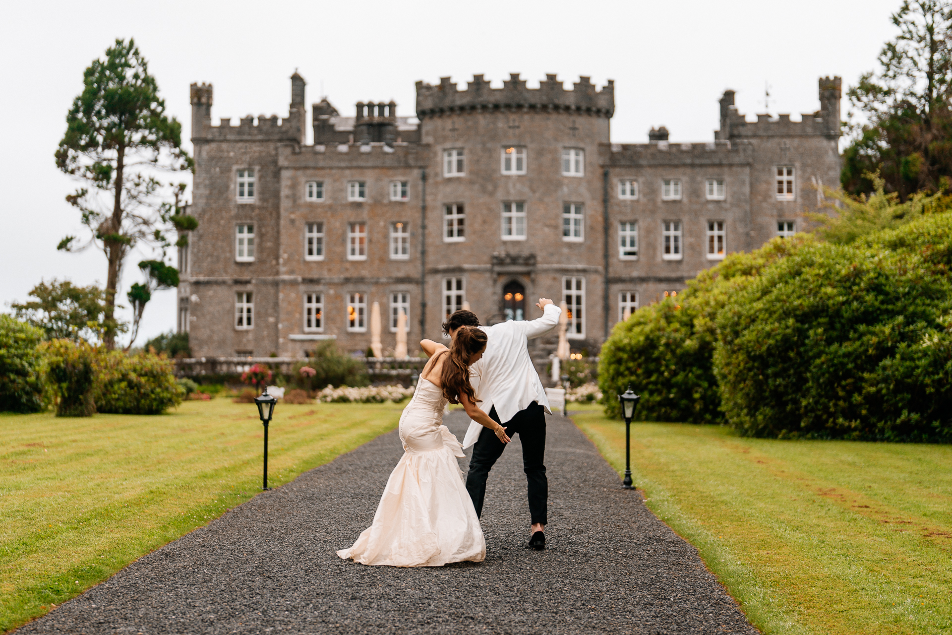 Bride and groom portraits around the gardens, boathouse and interiors at Markree Castle – with Irish Wolfhound Fionn